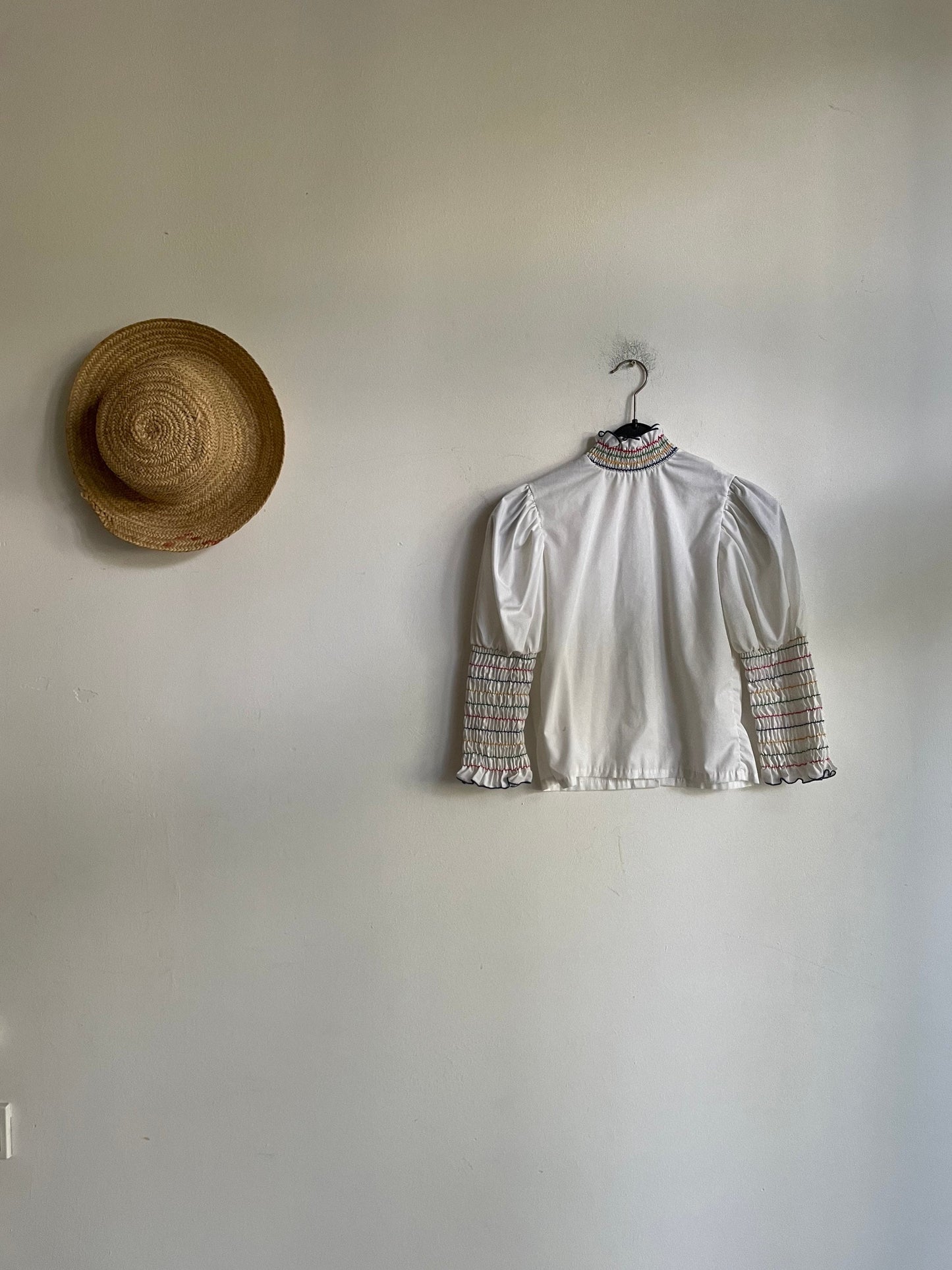 Hungarian Folk Blouse Vintage Puff Sleeve Top with Striped Embroidery, Romantic Cottagecore Vyshyvanka Ukrainian Embroidered Shirt