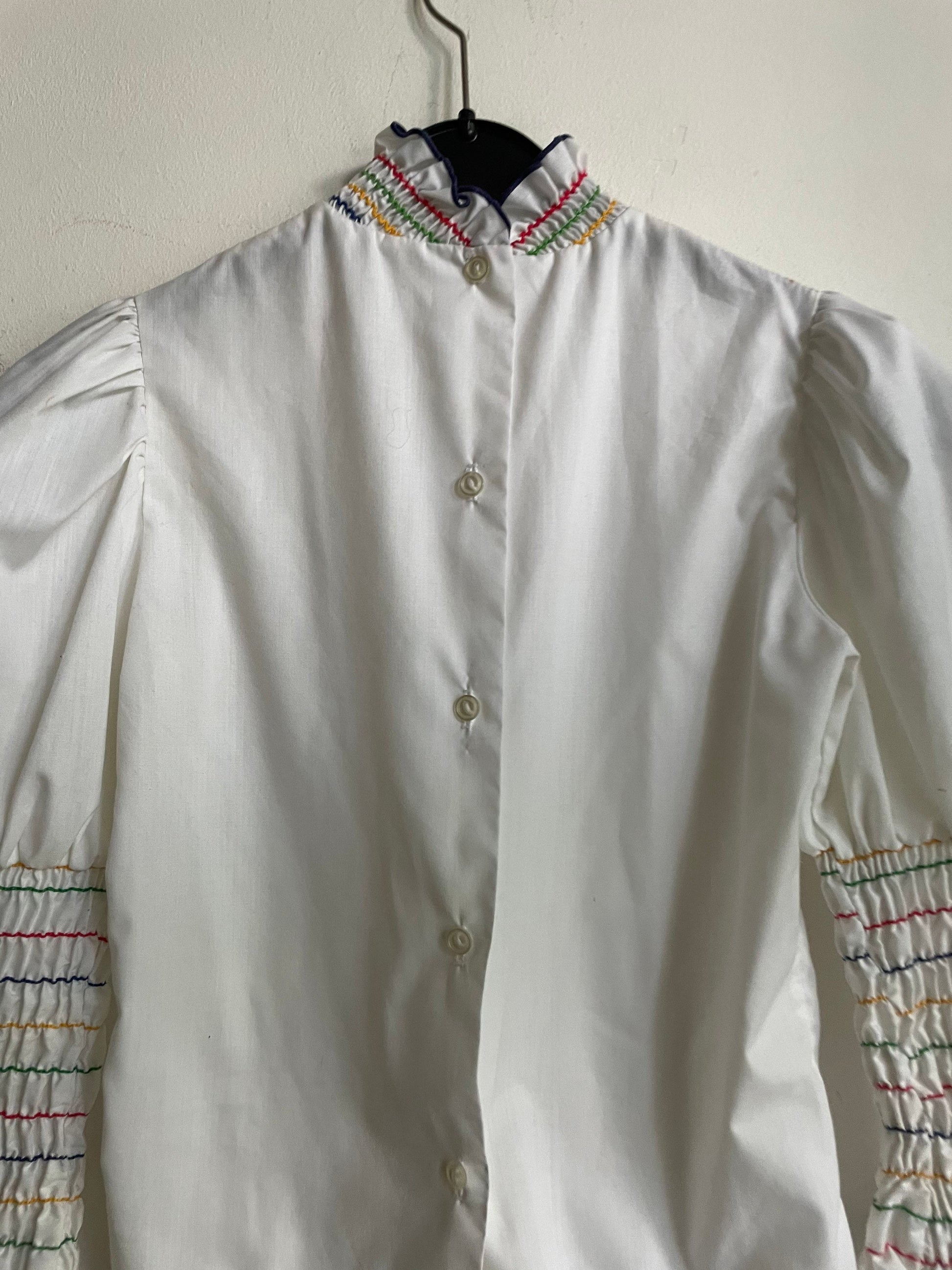Hungarian Folk Blouse Vintage Puff Sleeve Top with Striped Embroidery, Romantic Cottagecore Vyshyvanka Ukrainian Embroidered Shirt