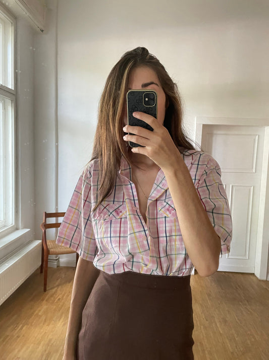 Vintage Pink Checkered Blouse XL, Short Sleeve Plaid Summer Shirt, Light Academia Prairie Top, Cute Button-Up Picnic Shirt for Women