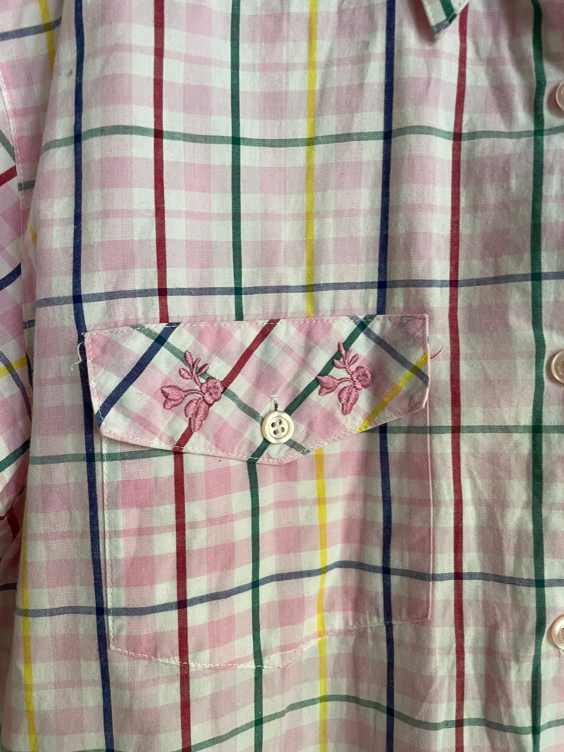 Vintage Pink Checkered Blouse XL, Short Sleeve Plaid Summer Shirt, Light Academia Prairie Top, Cute Button-Up Picnic Shirt for Women