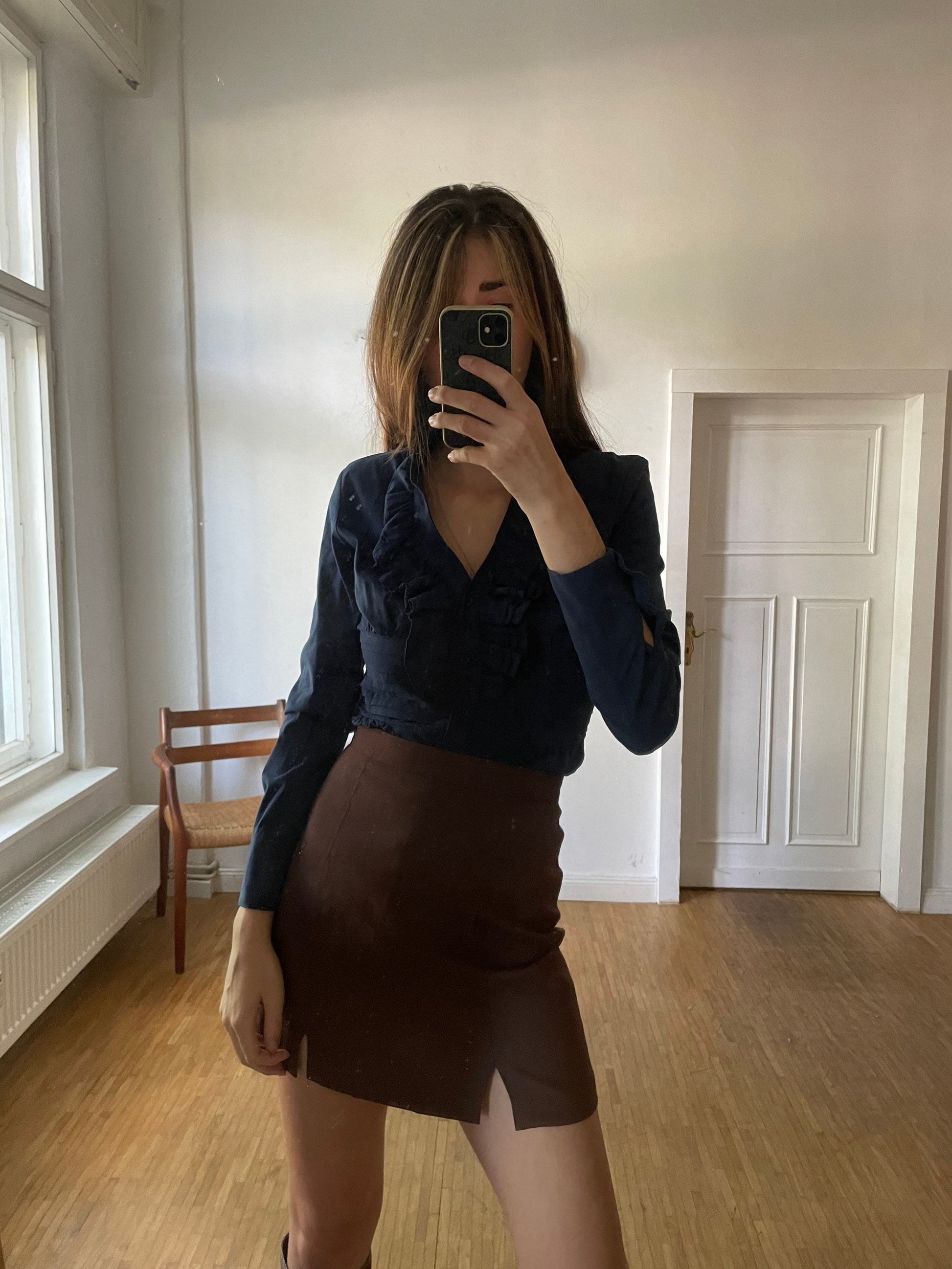 Elegant ruffled bodysuit with long sleeves, Dark blue classic body, Dark academia elegant long sleeve shirt,