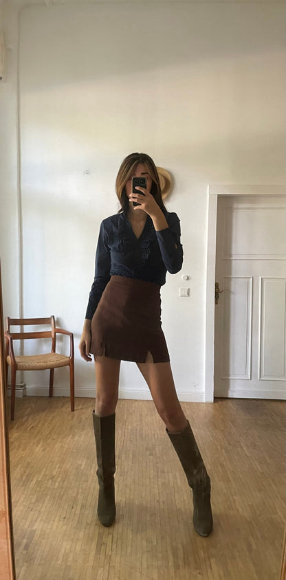 Dark Blue Ruffled Long Sleeve Bodysuit — back view