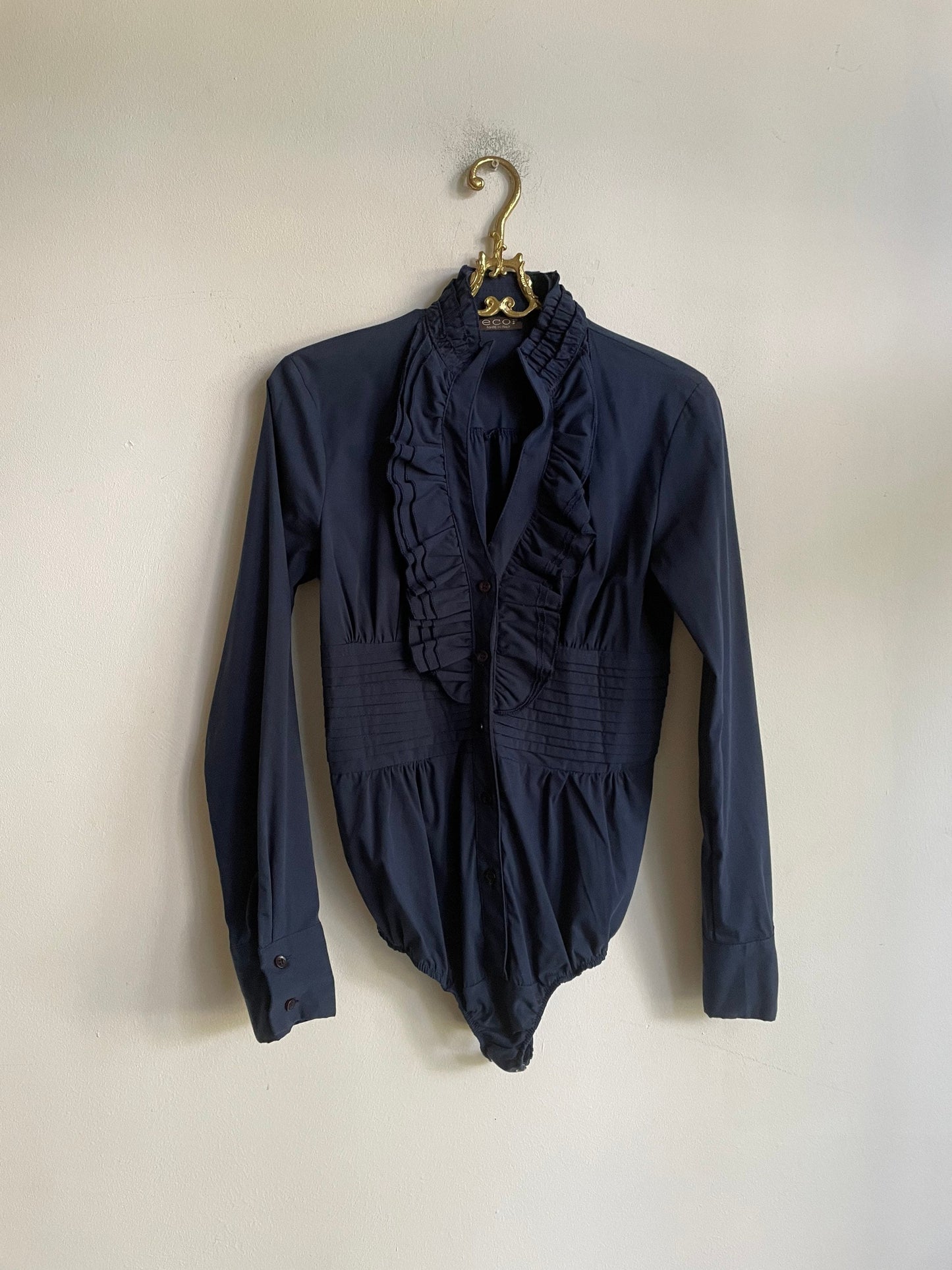 Elegant ruffled bodysuit with long sleeves, Dark blue classic body, Dark academia elegant long sleeve shirt,