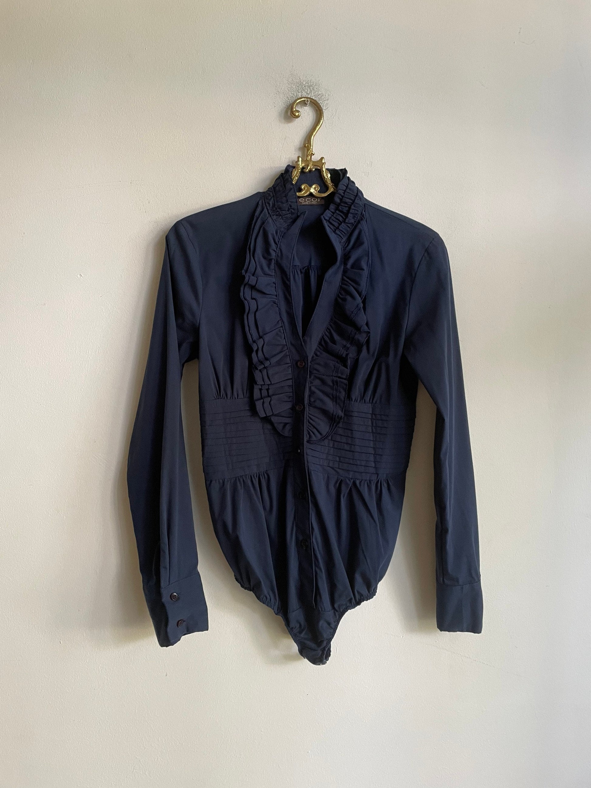 Elegant ruffled bodysuit with long sleeves, Dark blue classic body, Dark academia elegant long sleeve shirt,