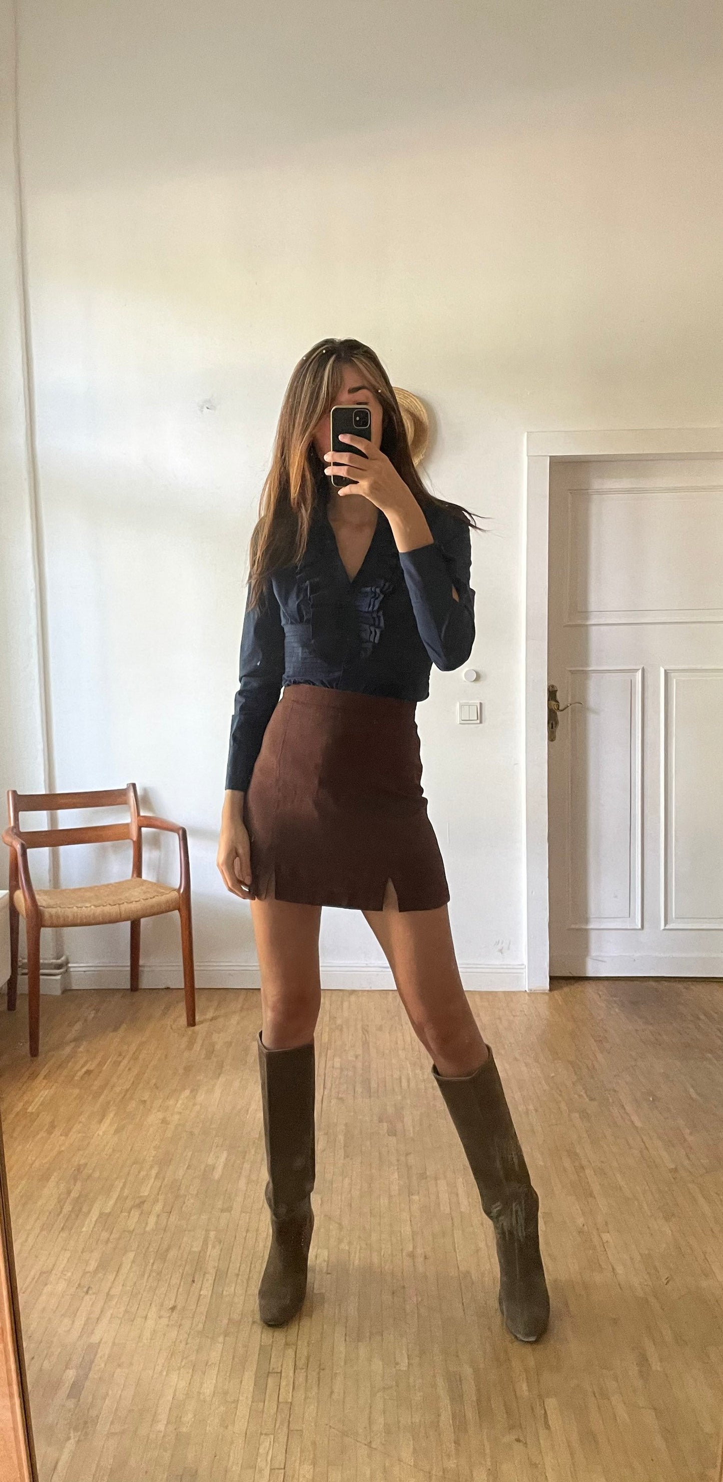 Elegant ruffled bodysuit with long sleeves, Dark blue classic body, Dark academia elegant long sleeve shirt,