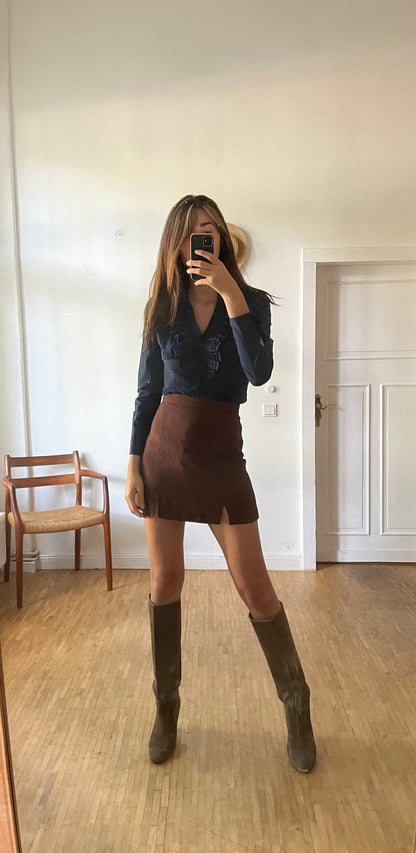 Dark Blue Ruffled Long Sleeve Bodysuit — detail
