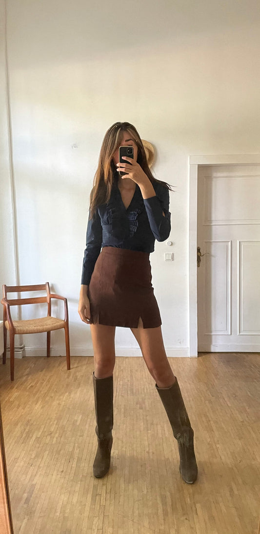 Elegant ruffled bodysuit with long sleeves, Dark blue classic body, Dark academia elegant long sleeve shirt,