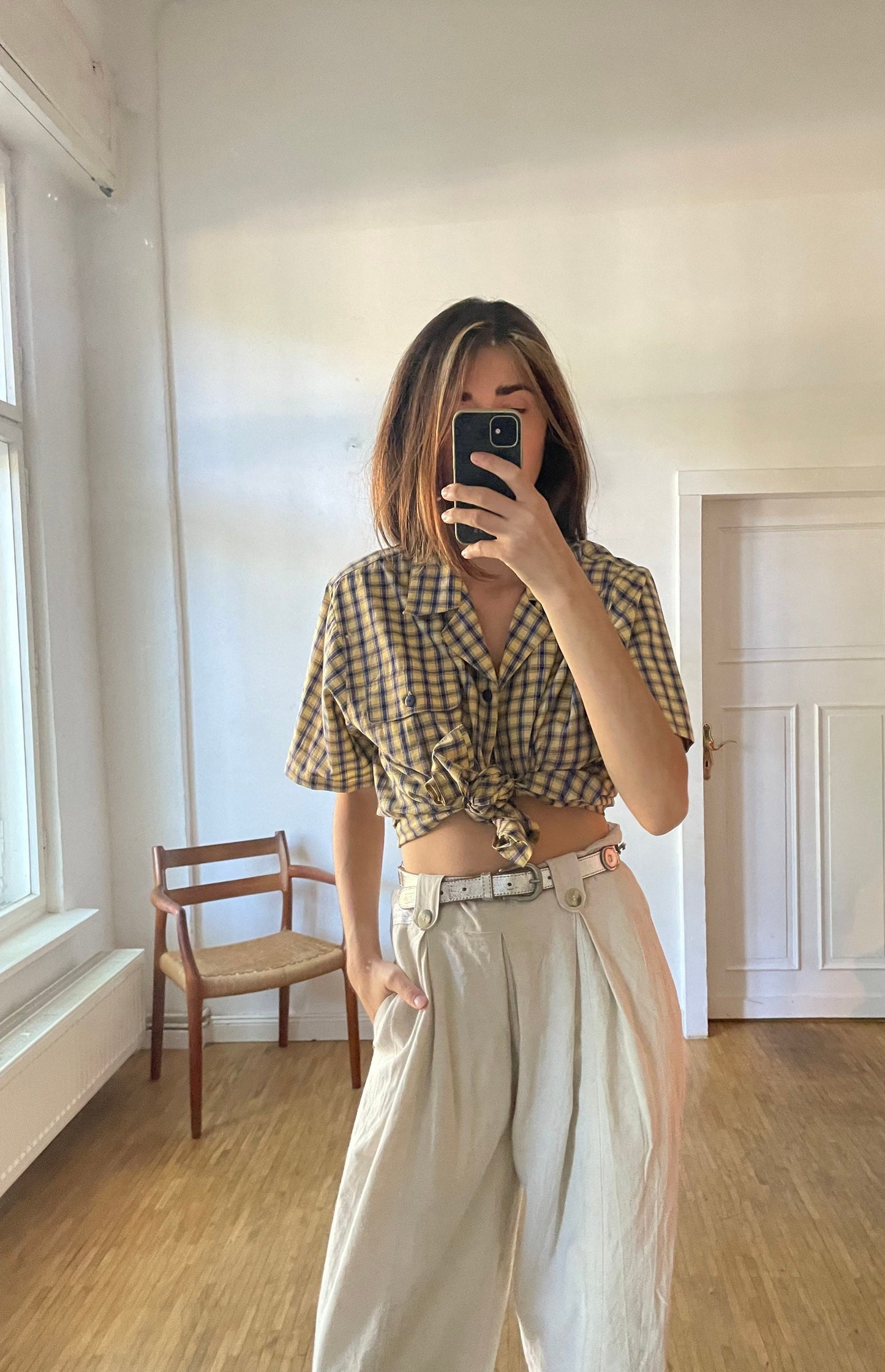 Vintage Plaid Blouse Women’s Cotton Summer Shirt, Light Academia Oversized Prairie Button-Up, Yellow & Black Checkered Top, Size M/L