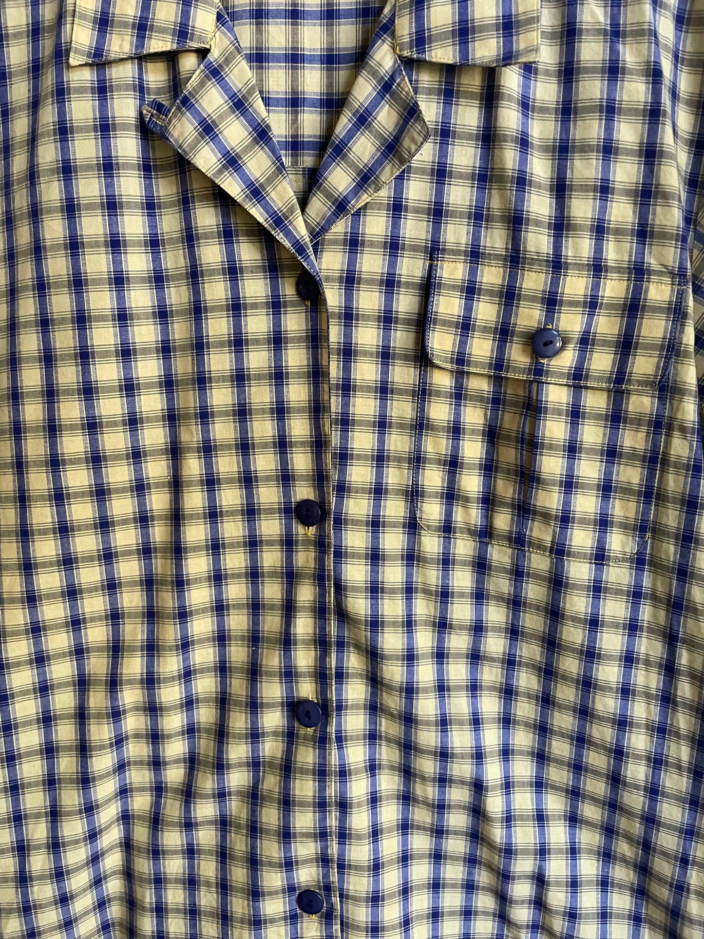 Vintage Plaid Blouse Women’s Cotton Summer Shirt, Light Academia Oversized Prairie Button-Up, Yellow & Black Checkered Top, Size M/L