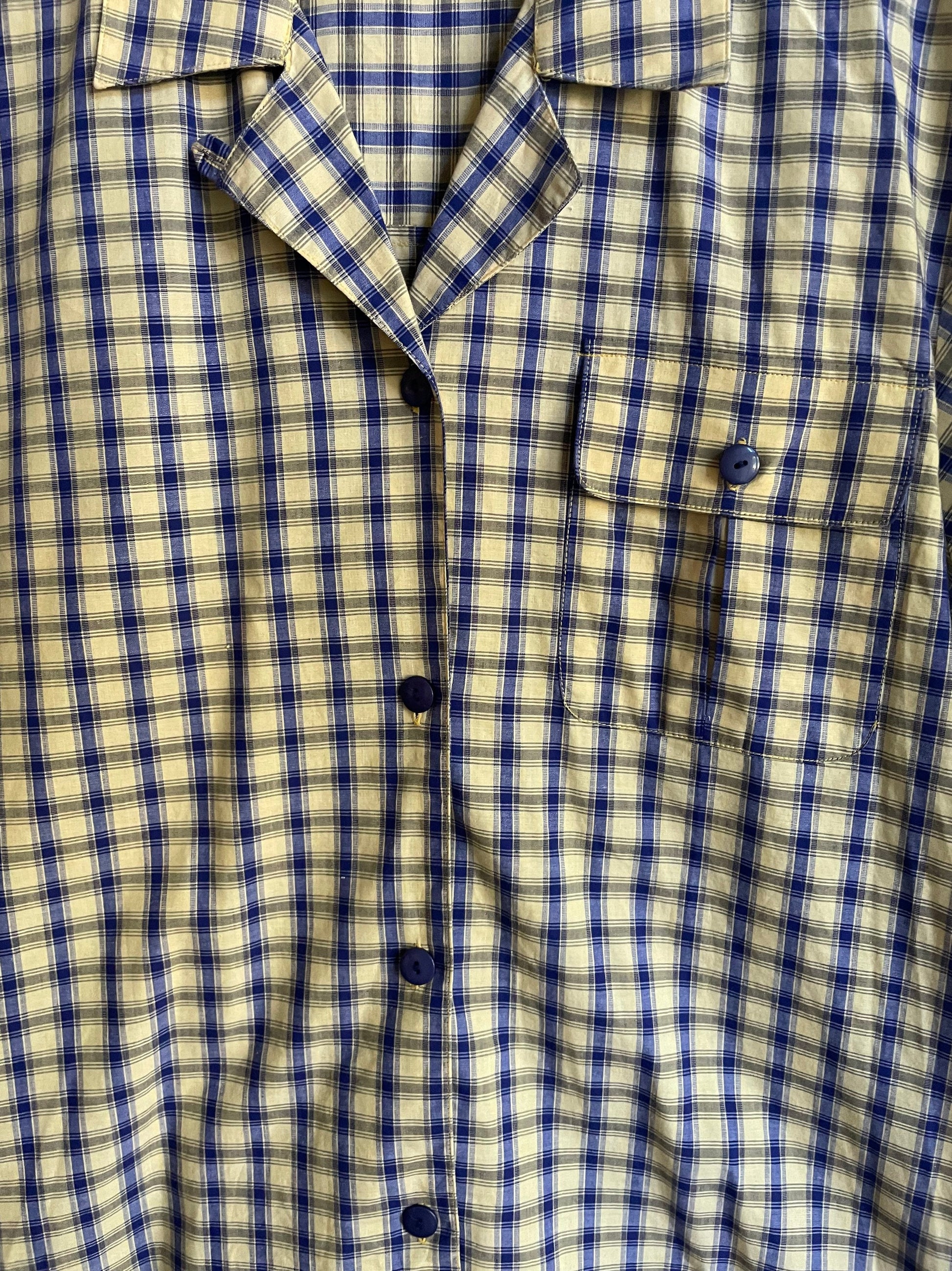 Vintage Plaid Blouse Women’s Cotton Summer Shirt, Light Academia Oversized Prairie Button-Up, Yellow & Black Checkered Top, Size M/L