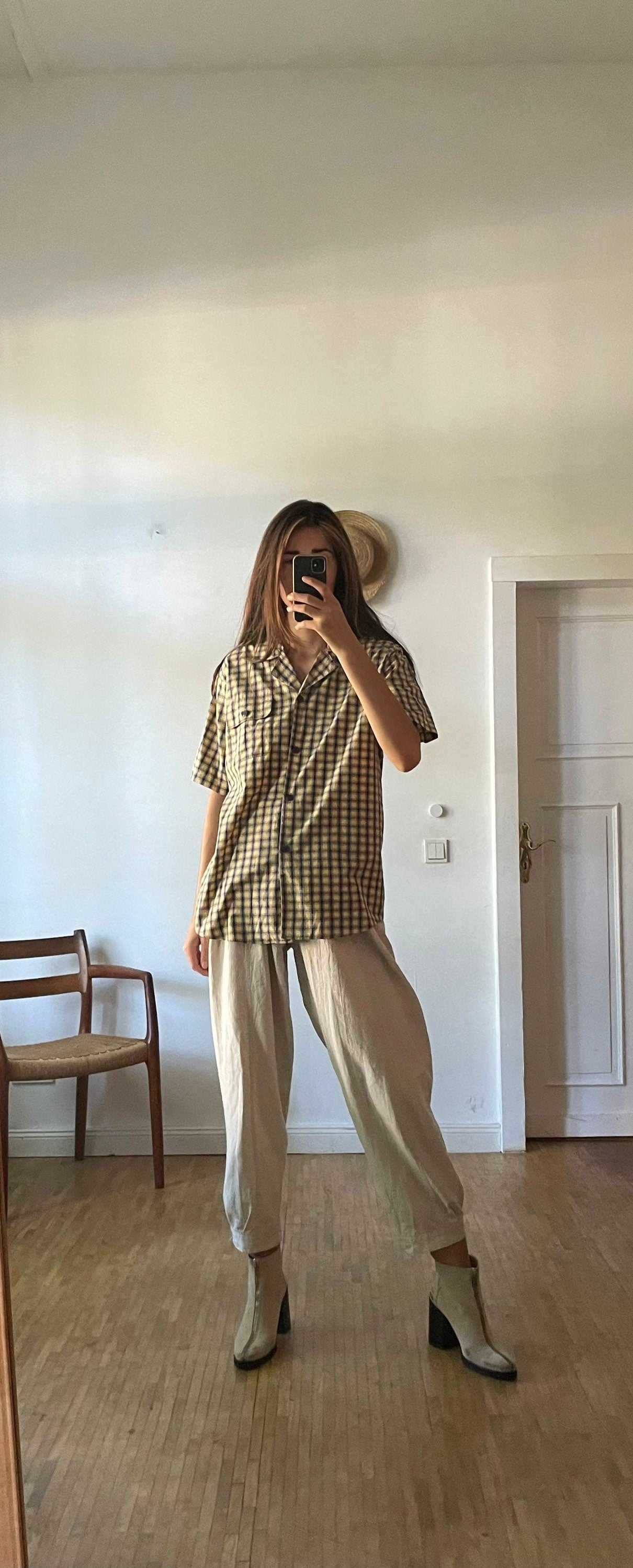 Vintage Plaid Blouse Women’s Cotton Summer Shirt, Light Academia Oversized Prairie Button-Up, Yellow & Black Checkered Top, Size M/L