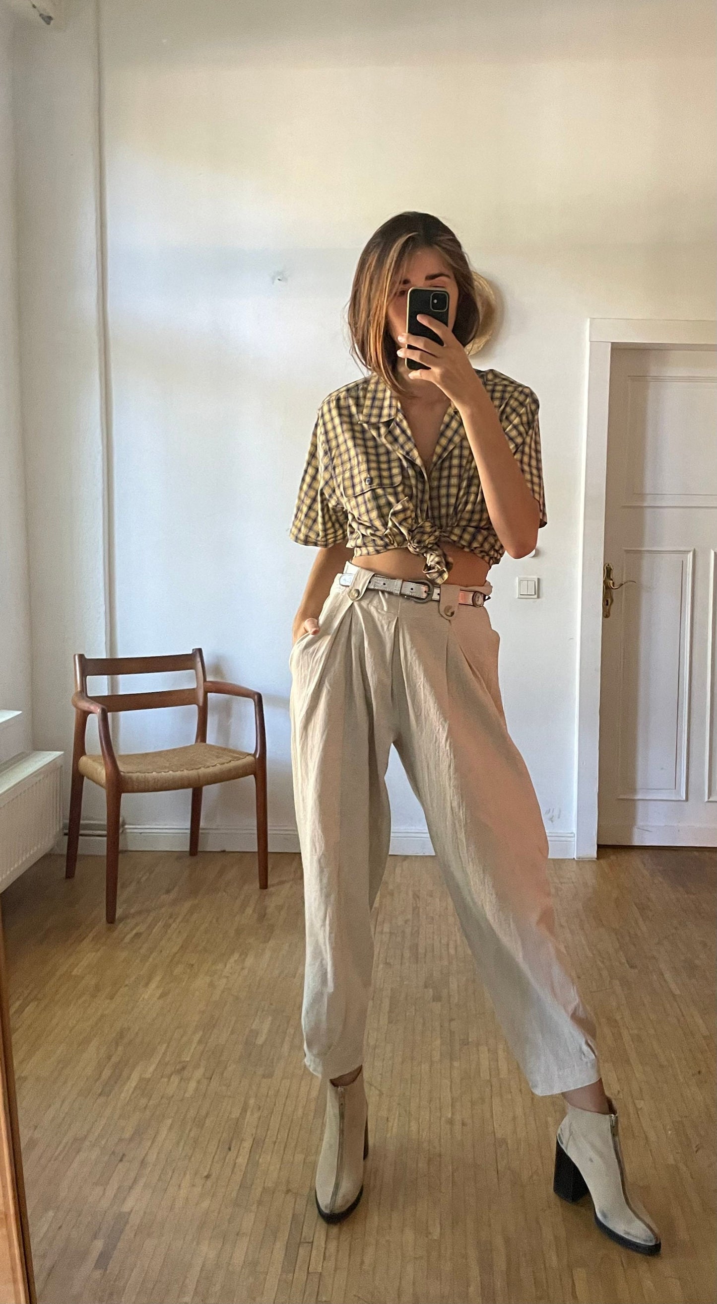 Vintage Plaid Blouse Women’s Cotton Summer Shirt, Light Academia Oversized Prairie Button-Up, Yellow & Black Checkered Top, Size M/L