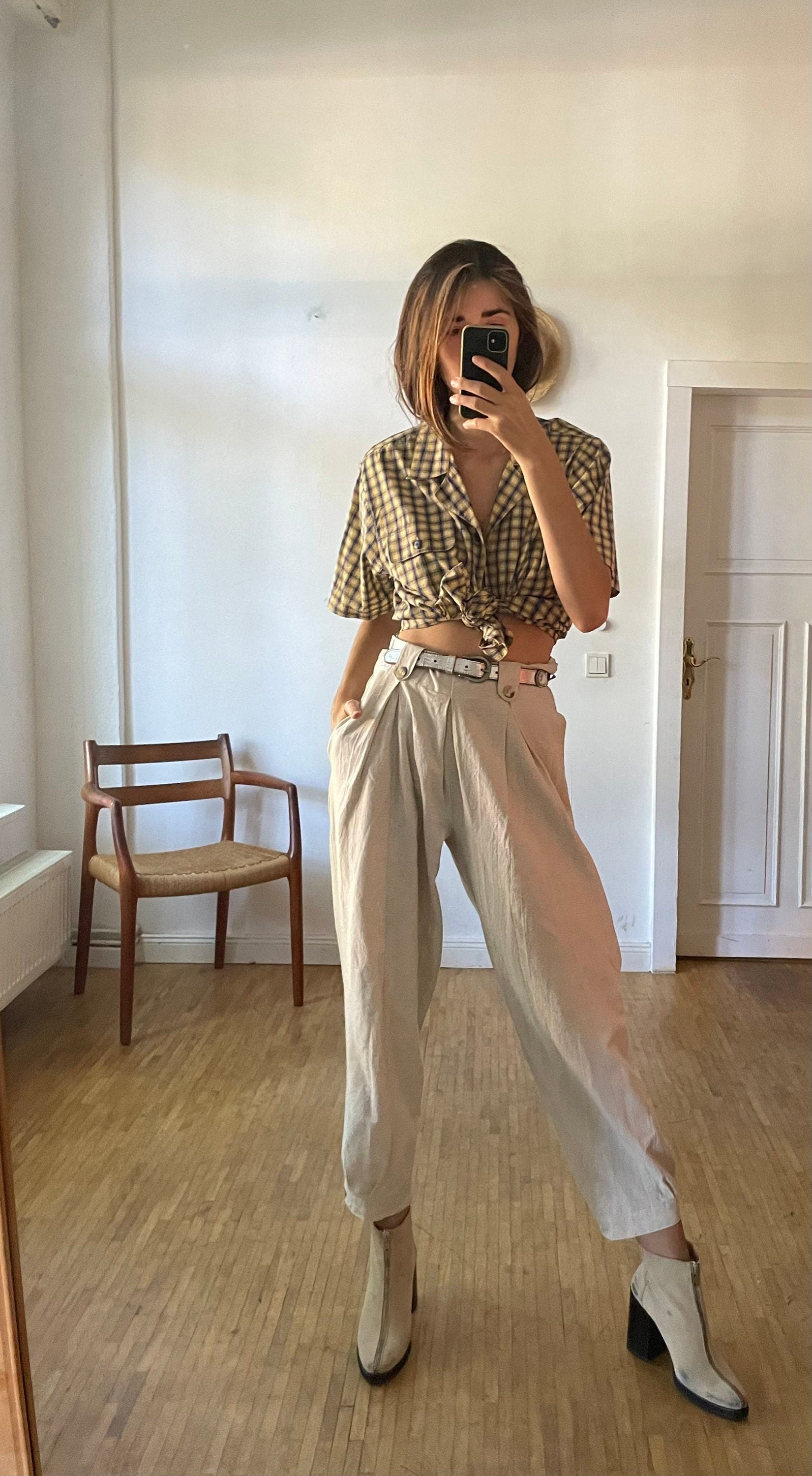 Vintage Plaid Blouse Women’s Cotton Summer Shirt, Light Academia Oversized Prairie Button-Up, Yellow & Black Checkered Top, Size M/L