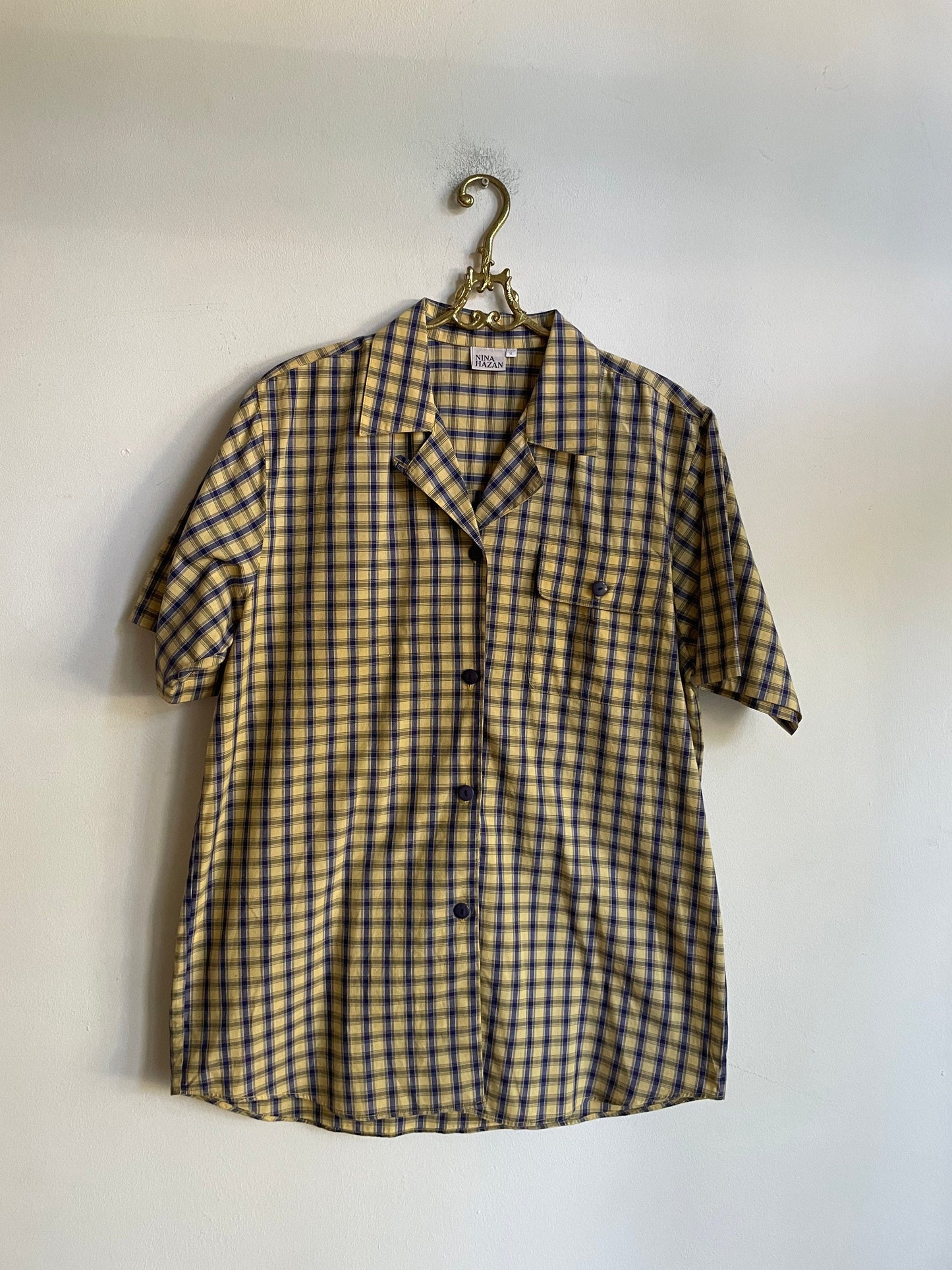 Vintage Plaid Blouse Women’s Cotton Summer Shirt, Light Academia Oversized Prairie Button-Up, Yellow & Black Checkered Top, Size M/L