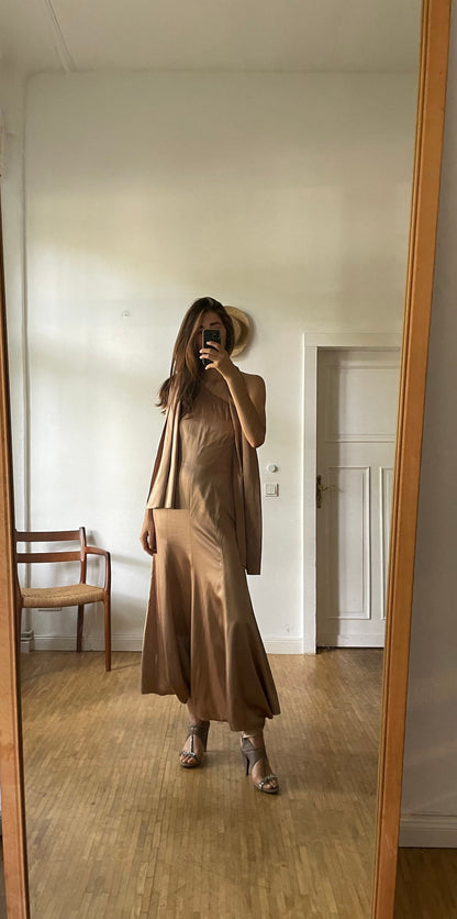 Rose Gold Silk One-Shoulder Gown — back view