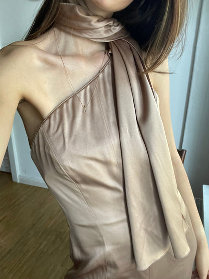 Rose Gold Silk One-Shoulder Gown — detail