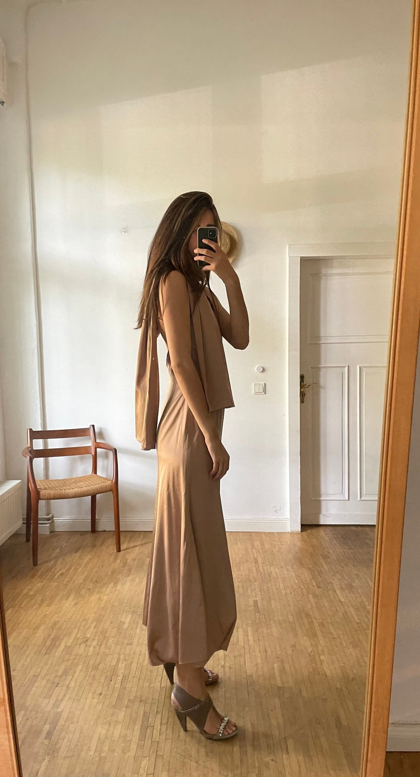 Giorgio Armani rose gold silk dress – one shoulder vintage designer gown, fit & flare, formal backless evening wear, IT 42 / S-M