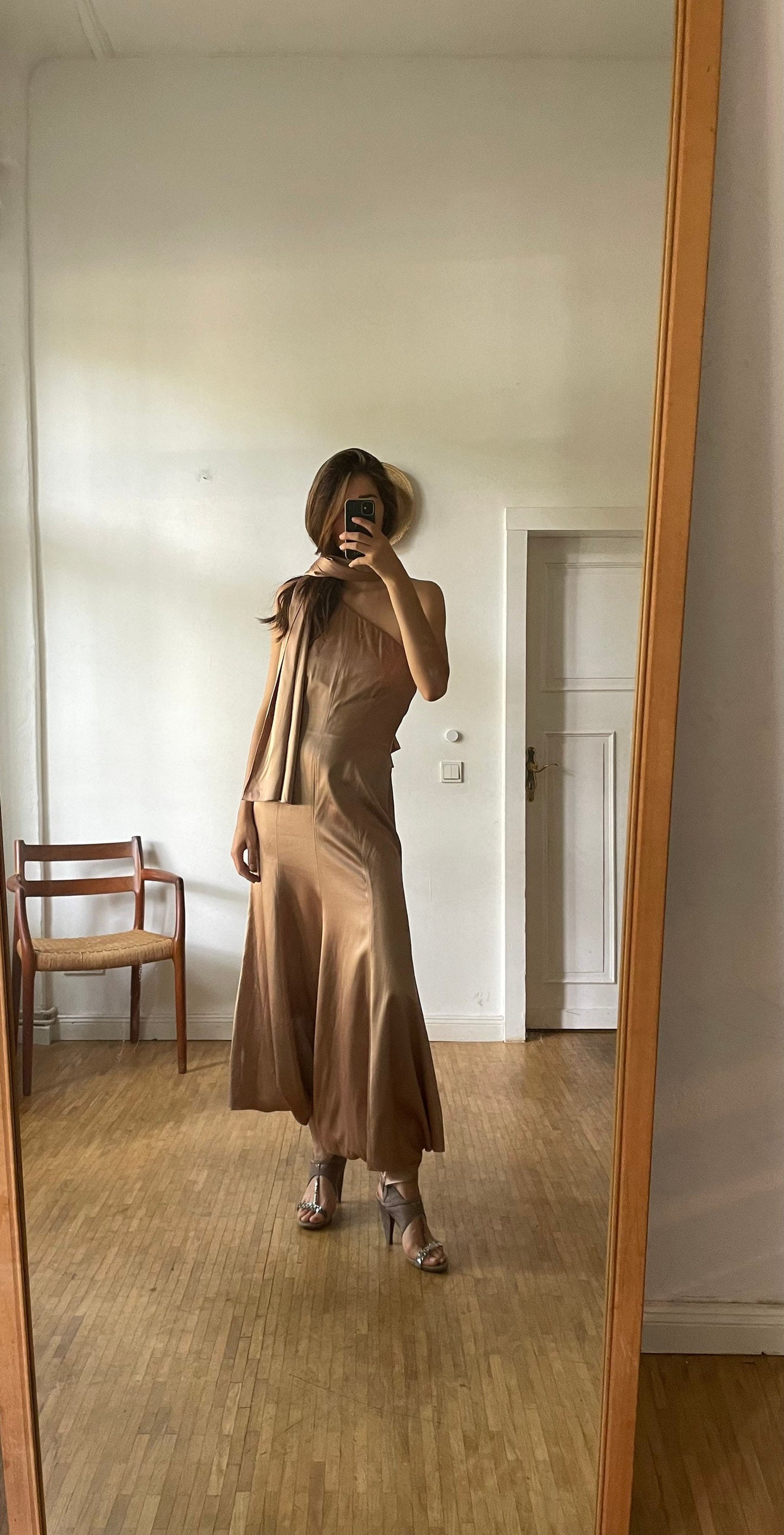 Giorgio Armani rose gold silk dress – one shoulder vintage designer gown, fit & flare, formal backless evening wear, IT 42 / S-M