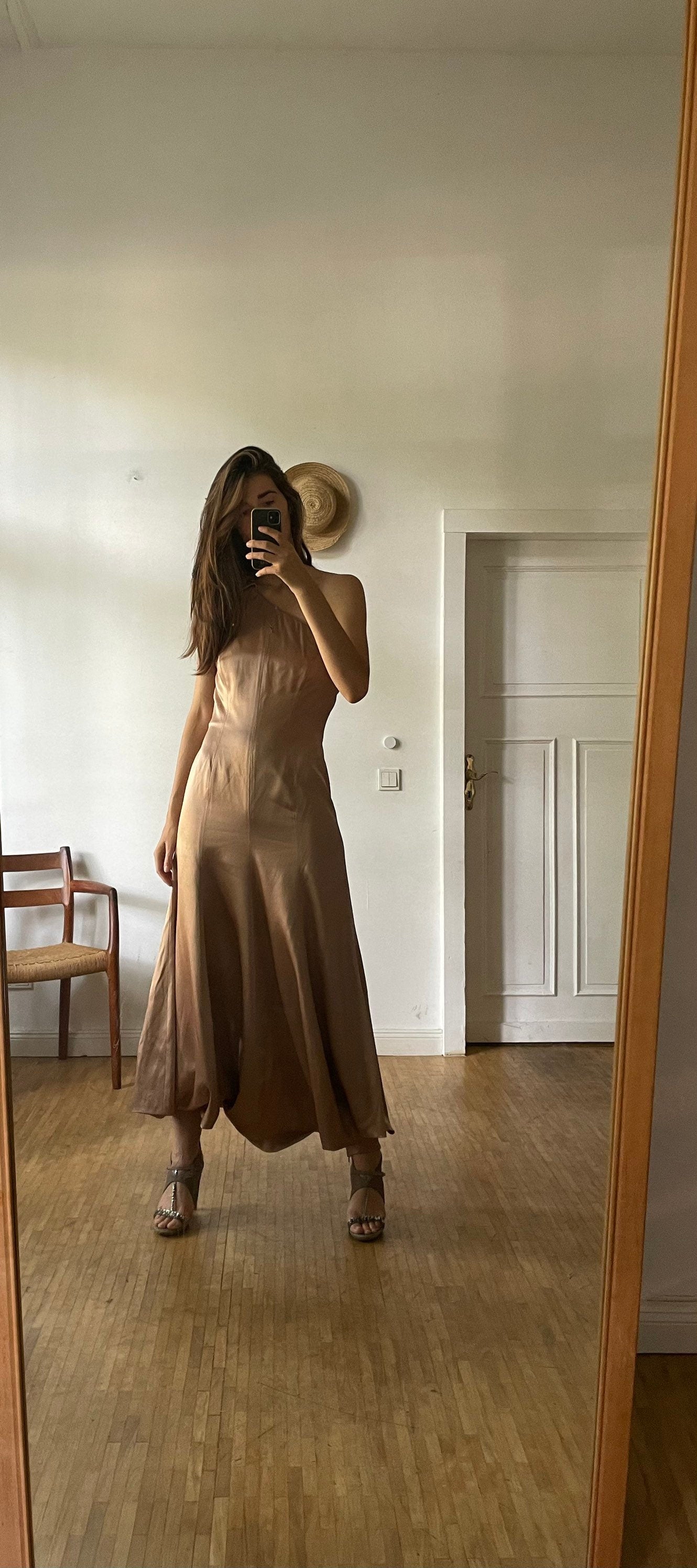 Giorgio Armani rose gold silk dress – one shoulder vintage designer gown, fit & flare, formal backless evening wear, IT 42 / S-M