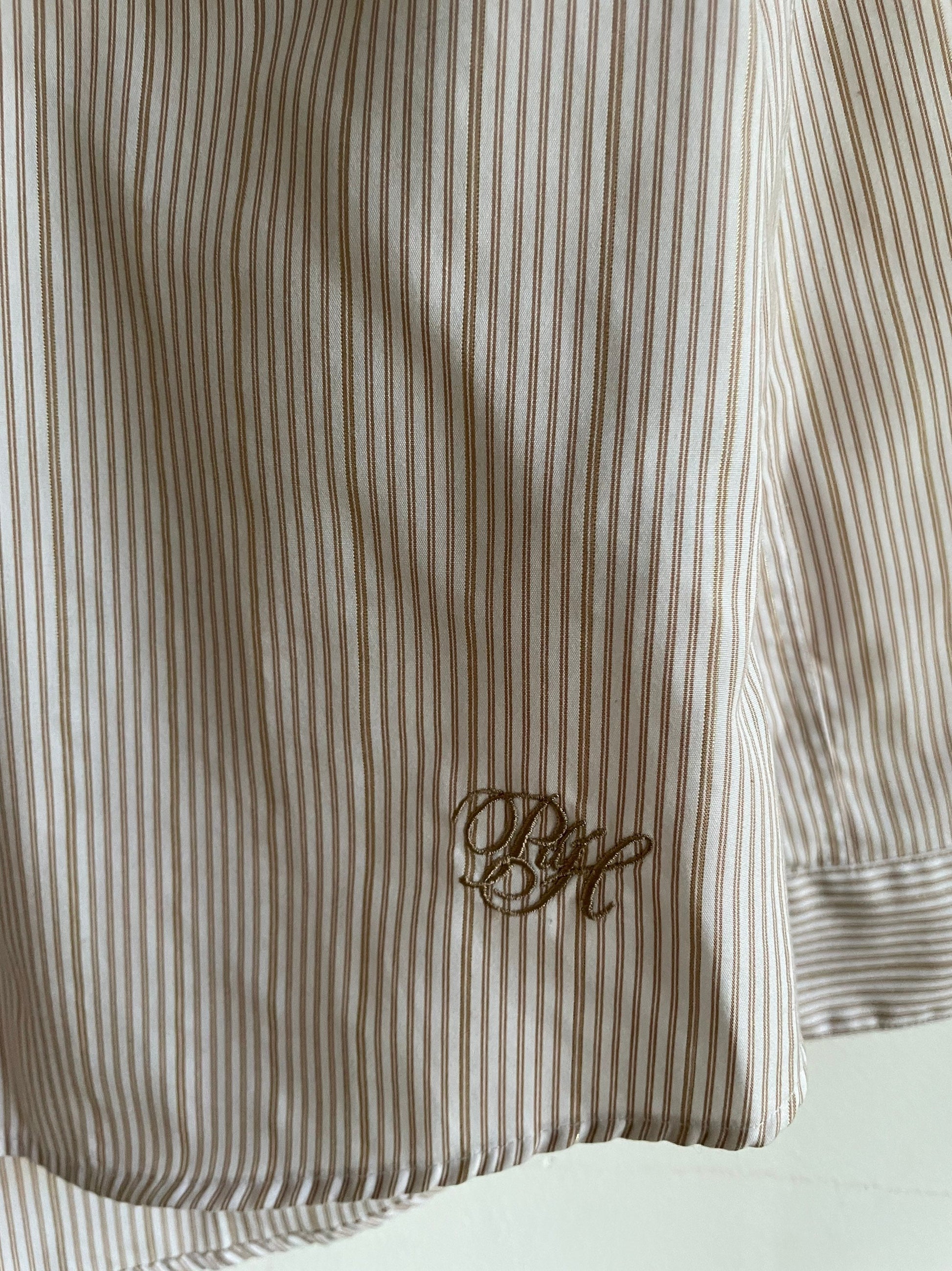 Pedro del Hierro long sleeve striped button up / Vintage designer shirt / Off white and tan striped shirt / gold detailing shirt