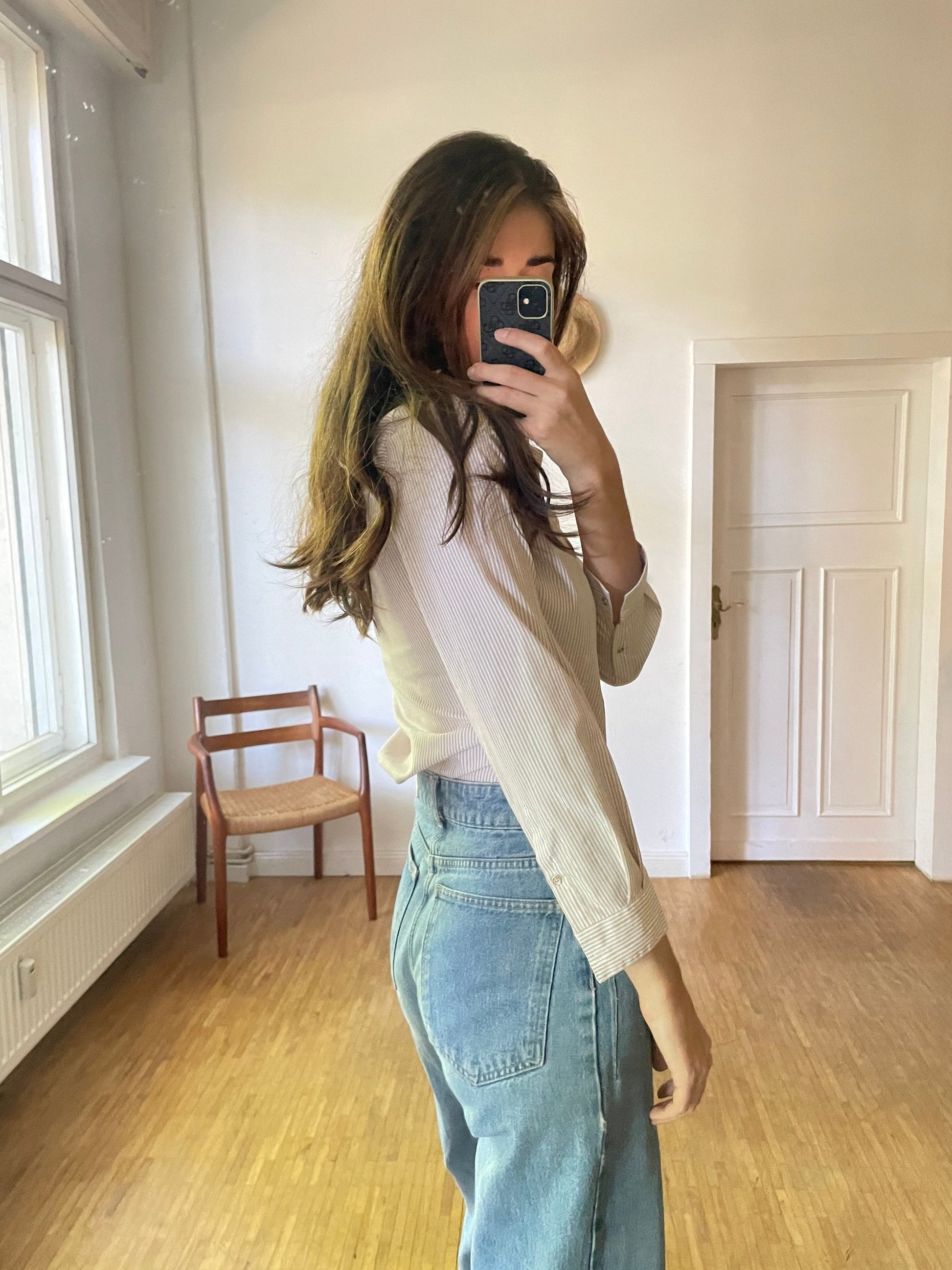 Pedro del Hierro long sleeve striped button up / Vintage designer shirt / Off white and tan striped shirt / gold detailing shirt