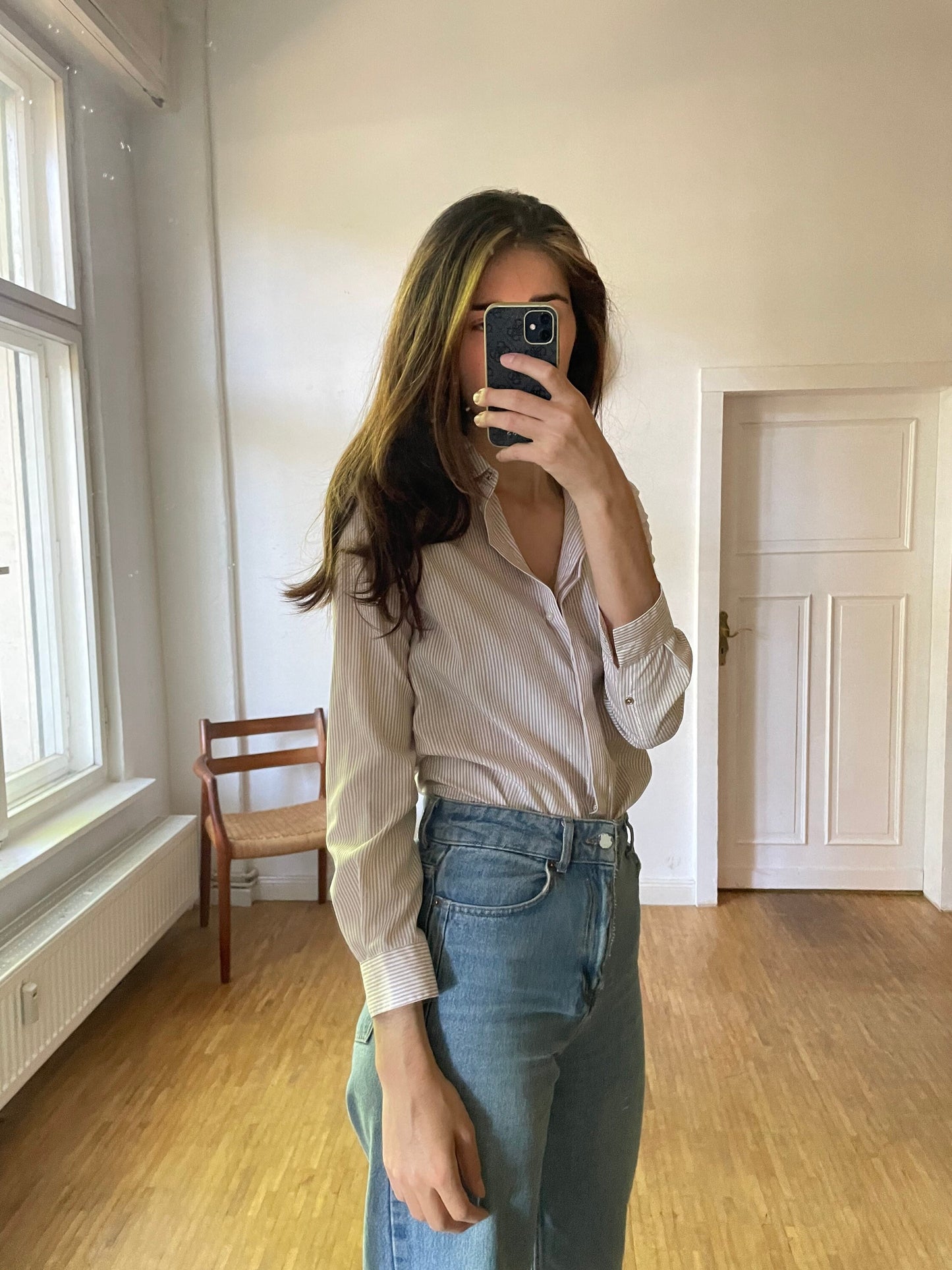 Pedro del Hierro long sleeve striped button up / Vintage designer shirt / Off white and tan striped shirt / gold detailing shirt