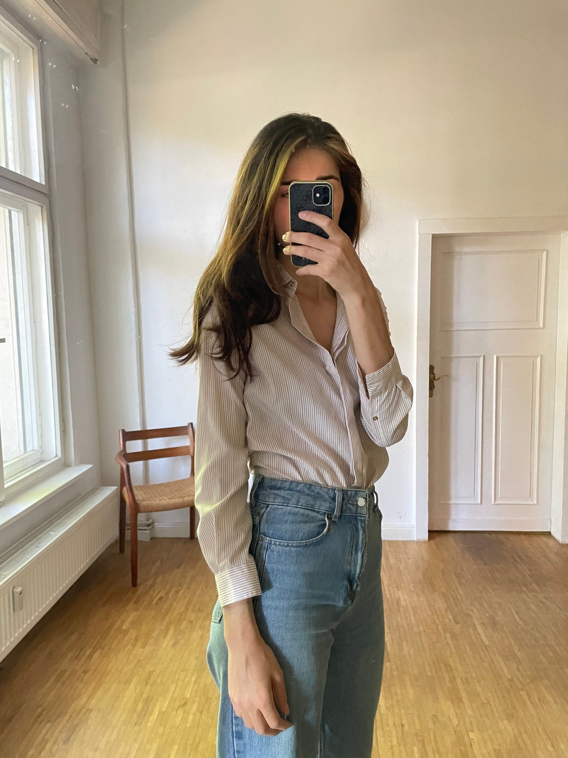 Pedro del Hierro long sleeve striped button up / Vintage designer shirt / Off white and tan striped shirt / gold detailing shirt