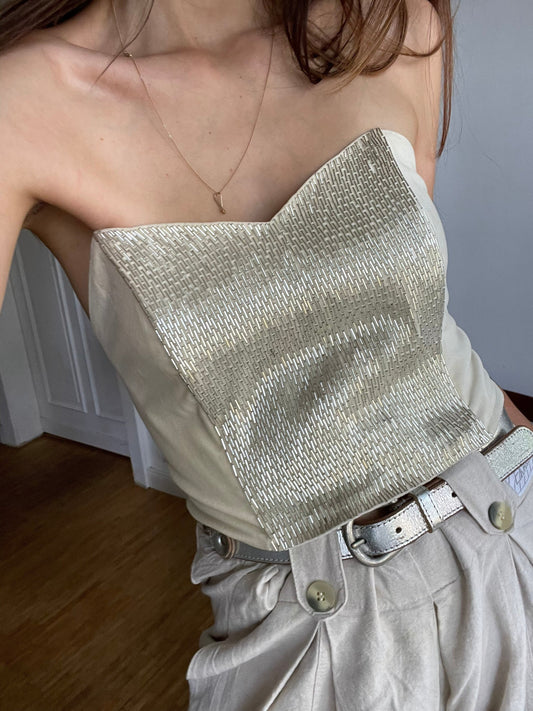 Vintage beaded bridal corset, Tube top, Beaded cream and silver top, Romantic wedding guest Crop top, Velvet tube top