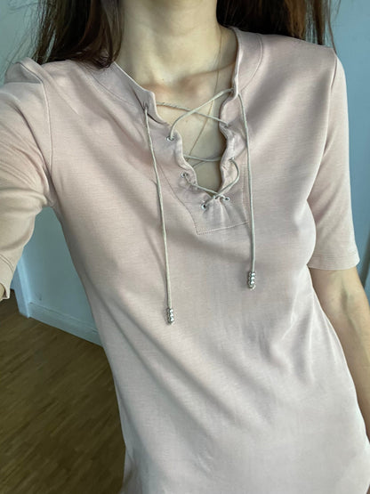 Dusty Pink 90s Drykorn A-Line Mini Dress with Lace-Up Neckline