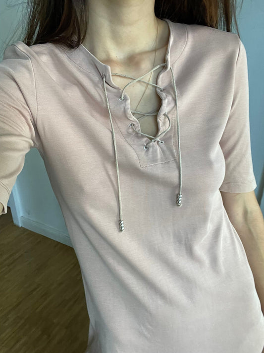 Vintage Drykorn A-Line Mini Dress 90s Lace-Up Neckline Dusty Pink Tunic Summer Dress 3/4 Sleeve Stretchy Lightweight