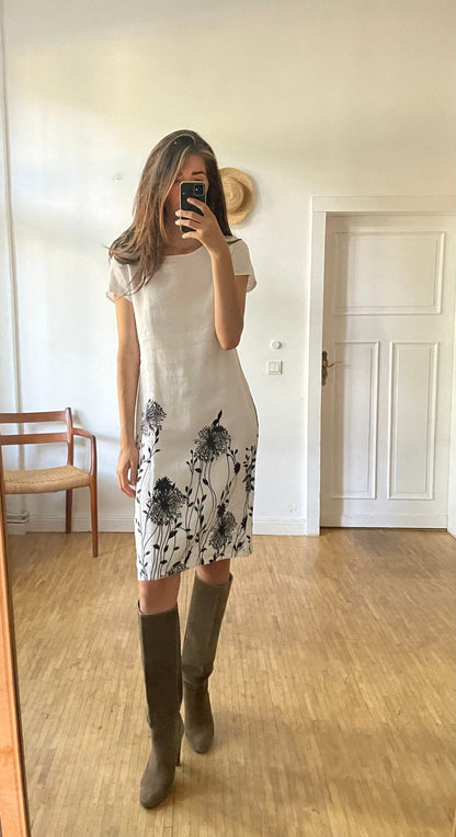Floral Pattern White Linen Summer Dress — detail