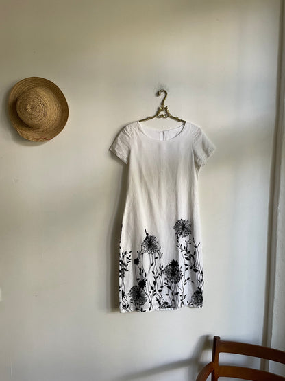 Floral Pattern White Linen Summer Dress — fabric close-up