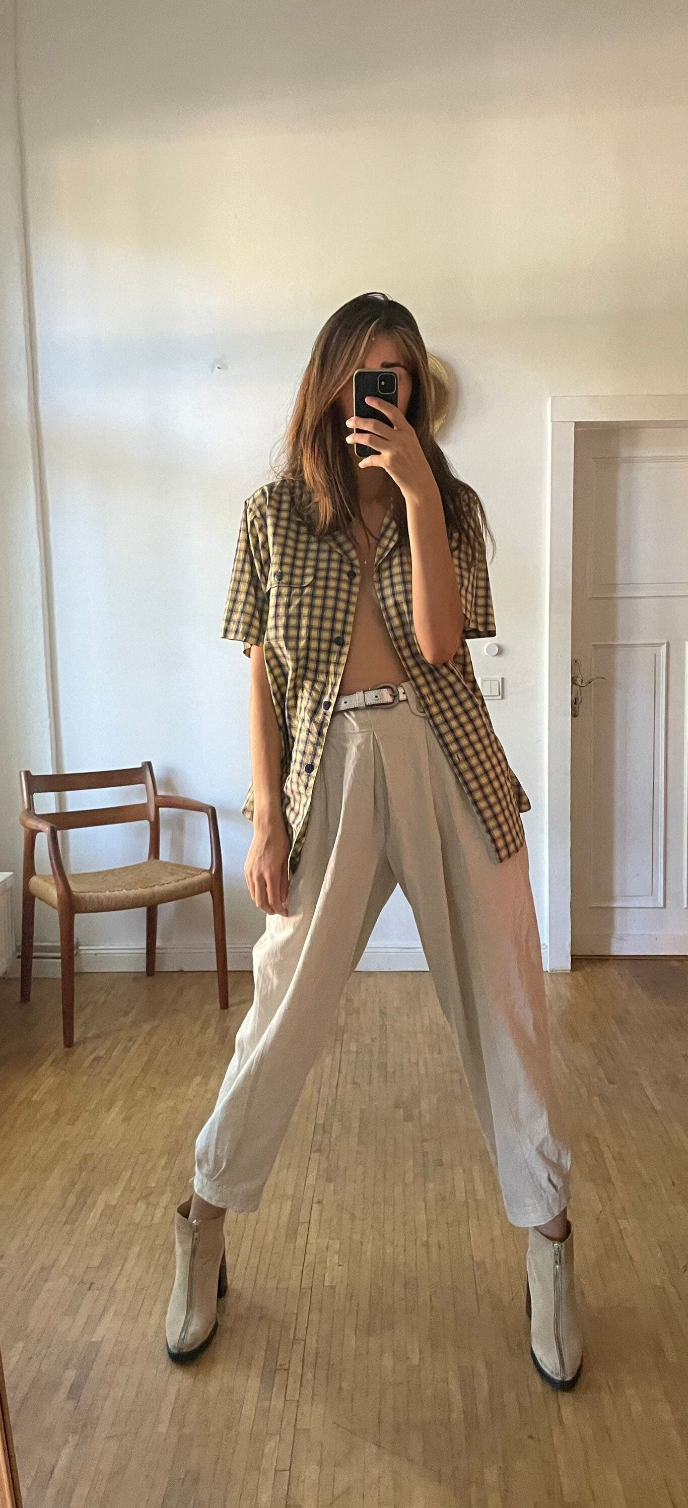 Vintage Plaid Blouse Women’s Cotton Summer Shirt, Light Academia Oversized Prairie Button-Up, Yellow & Black Checkered Top, Size M/L