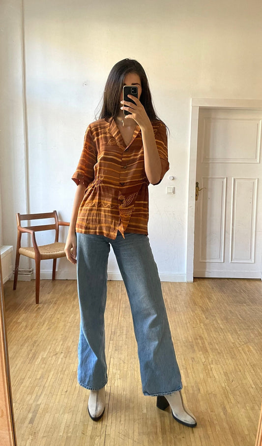 Retro 70s Burnt orange blouse woman blouse, Vintage relaxed shirt, Retro beach shirt, Oversized comfortable summer blouse, Long shirt