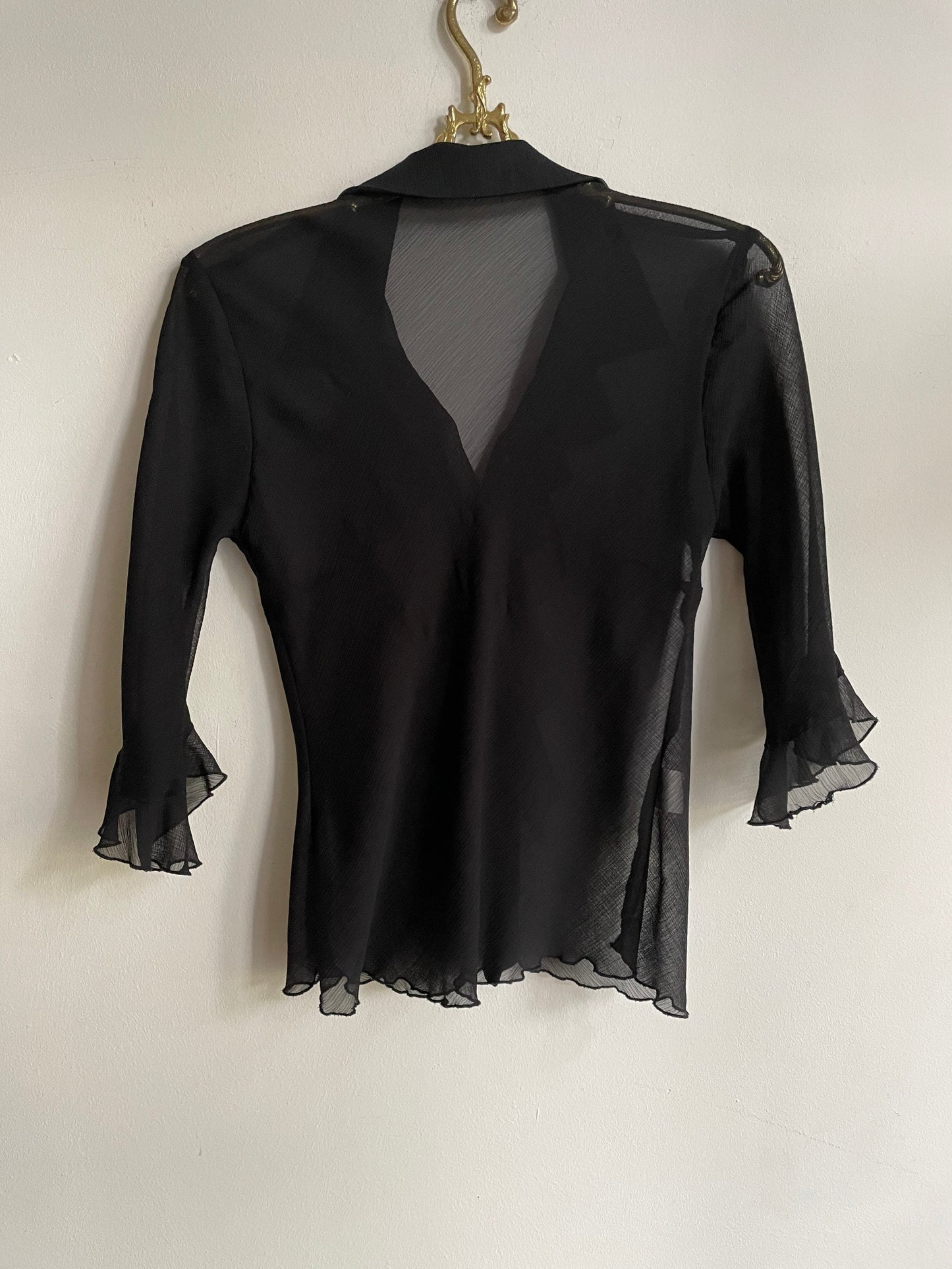 Sexy sheer black woman blouse, Ruffle button up shirt, Party outfit, Couture Punk shirt, See through shirt, Sexy blouse