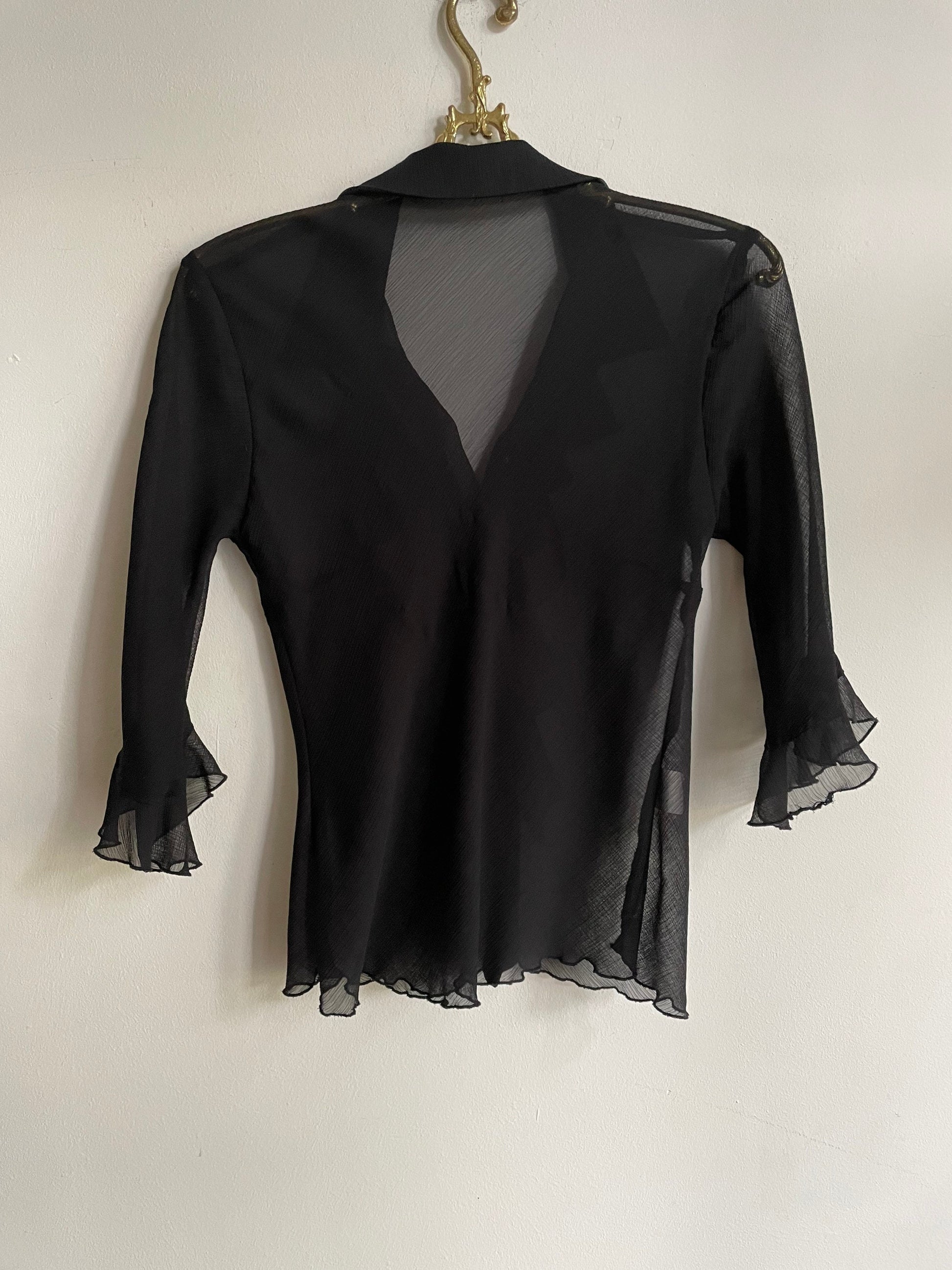 Sexy sheer black woman blouse, Ruffle button up shirt, Party outfit, Couture Punk shirt, See through shirt, Sexy blouse