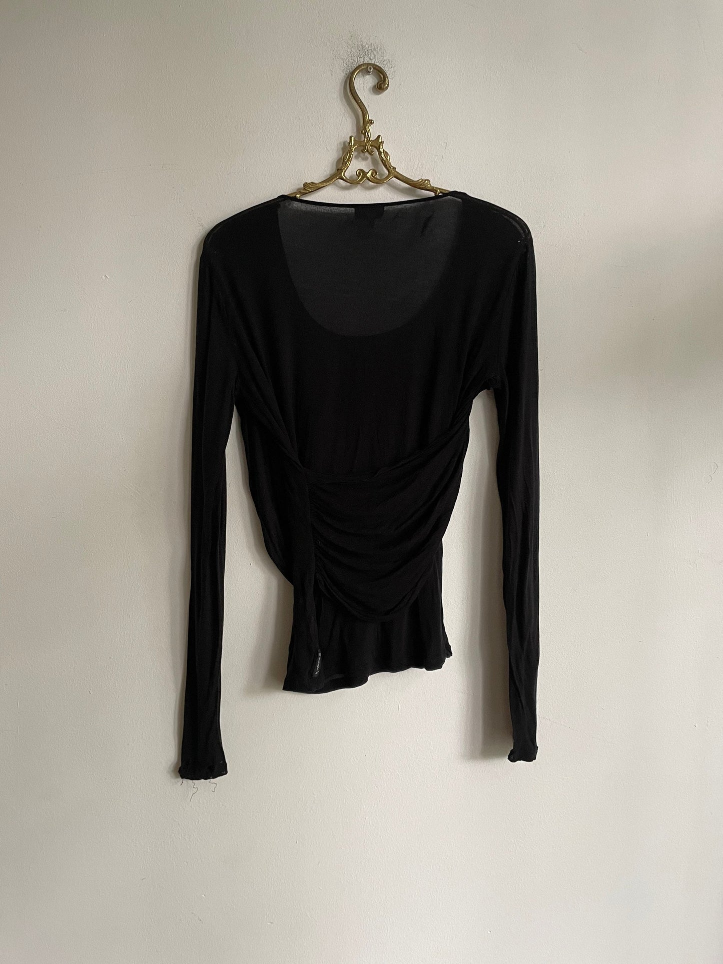 Y2K Armani Jeans Draped Black Long Sleeve Top – Sheer Layered Stretch Shirt – Minimalist ’90s It Girl Style
