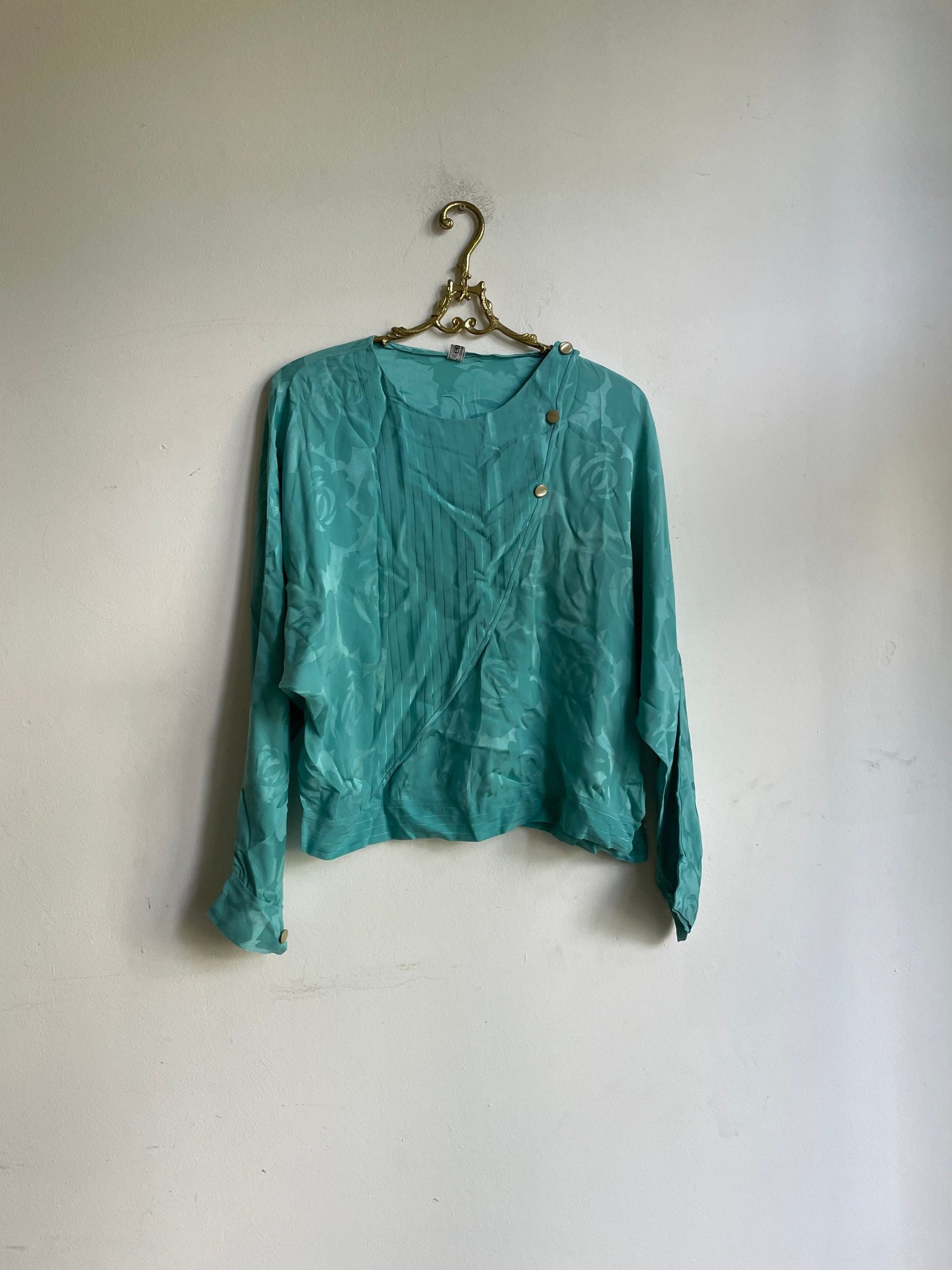 Silk petrol blouse, Green blue vintage top, Retro women's shirt, Turquoise long sleeve woman blouse, Secretary frill blouse, M