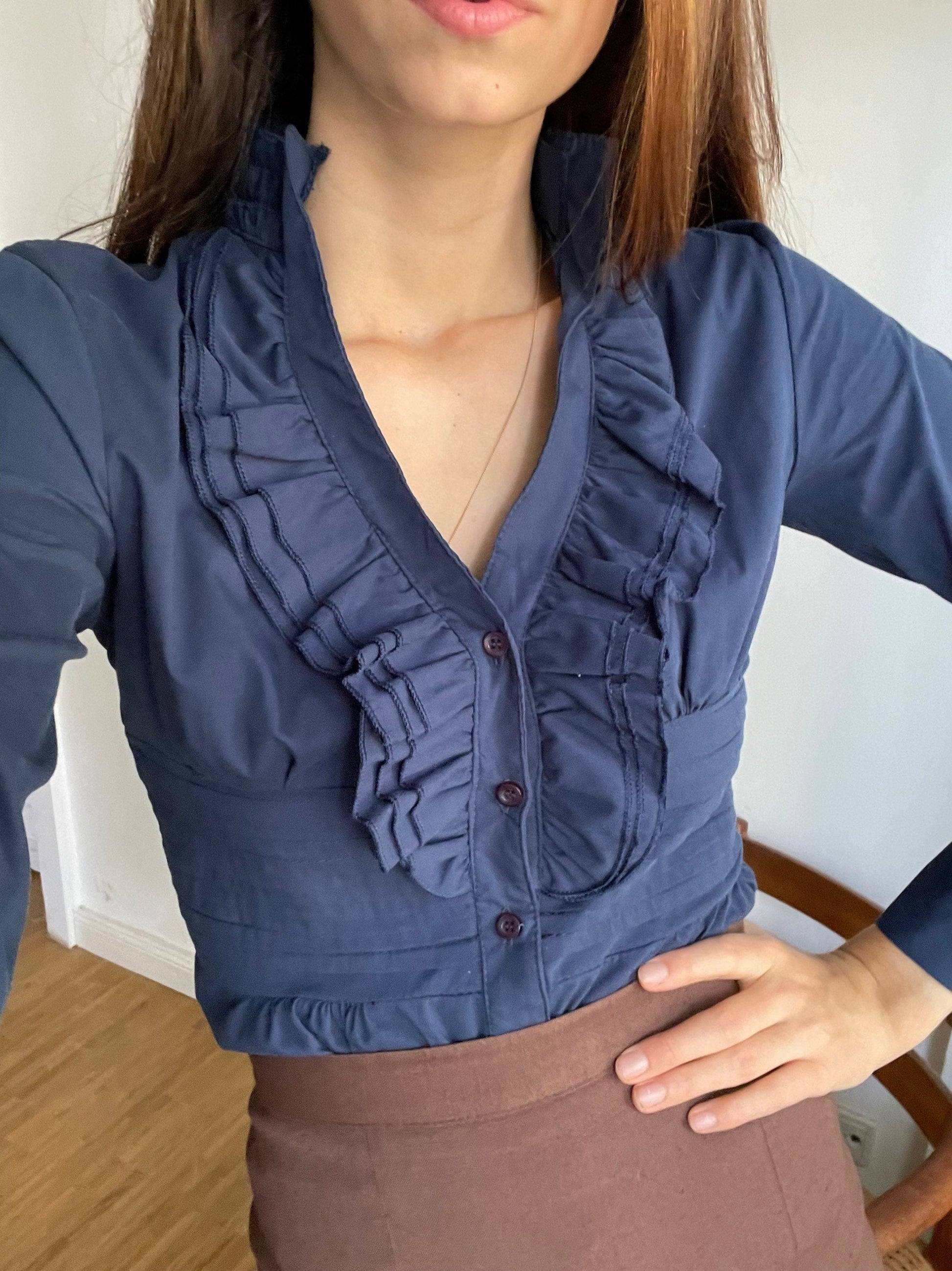 Elegant ruffled bodysuit with long sleeves, Dark blue classic body, Dark academia elegant long sleeve shirt,