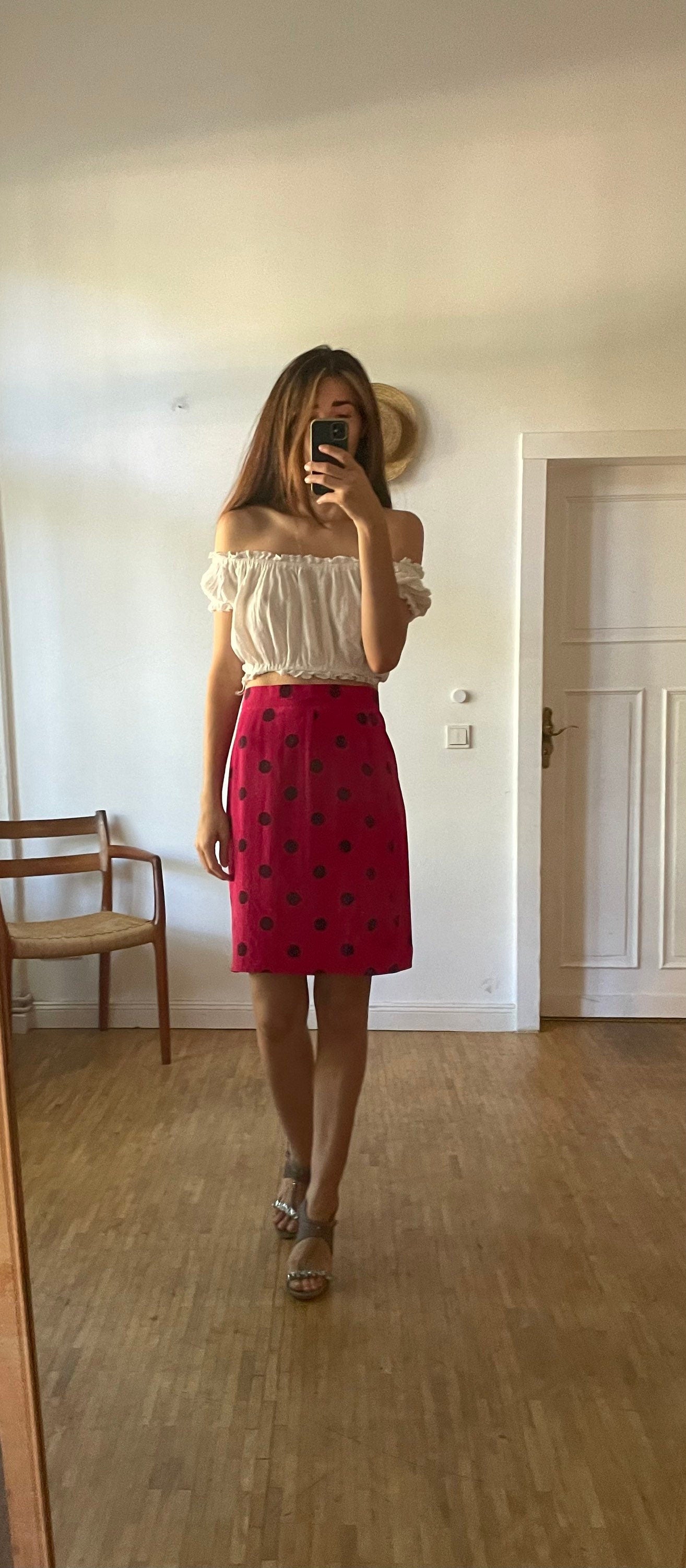 Vintage pink 100 % silk polka dot pencil skirt, Retro feminine high waist midi skirt, Festive midi skirt, 1940s - 1960s summer skirt, M