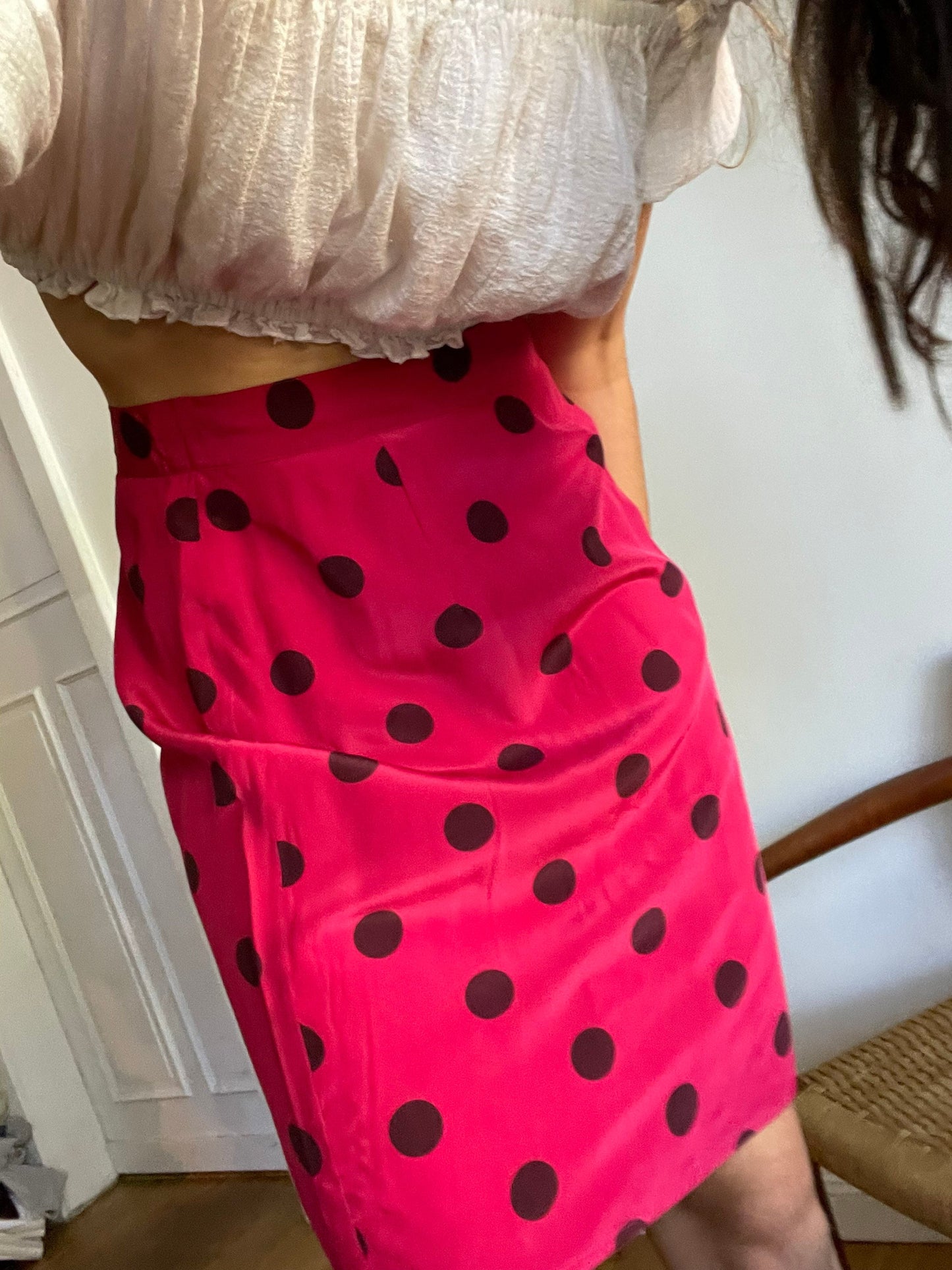 Vintage pink 100 % silk polka dot pencil skirt, Retro feminine high waist midi skirt, Festive midi skirt, 1940s - 1960s summer skirt, M