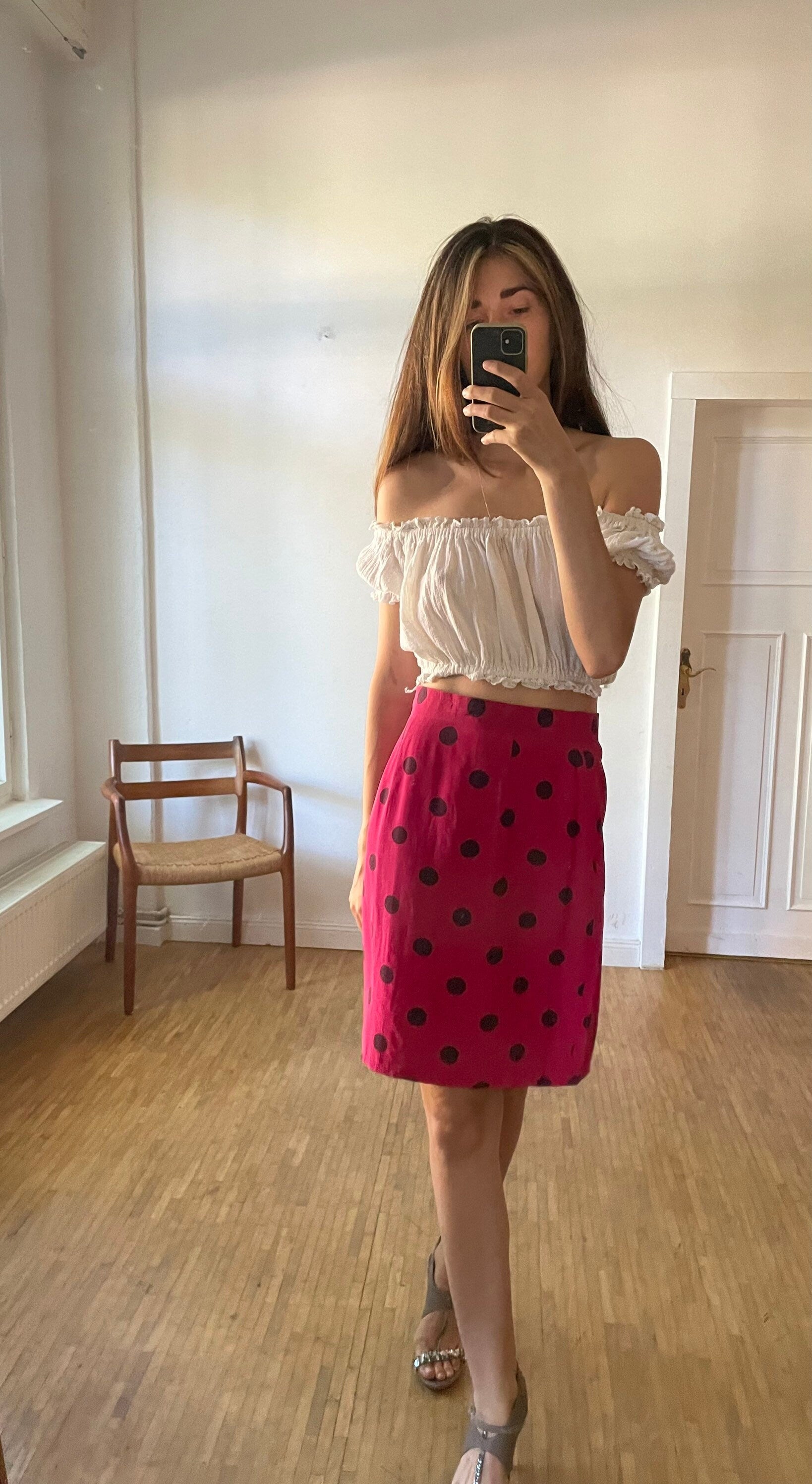 Vintage pink 100 % silk polka dot pencil skirt, Retro feminine high waist midi skirt, Festive midi skirt, 1940s - 1960s summer skirt, M