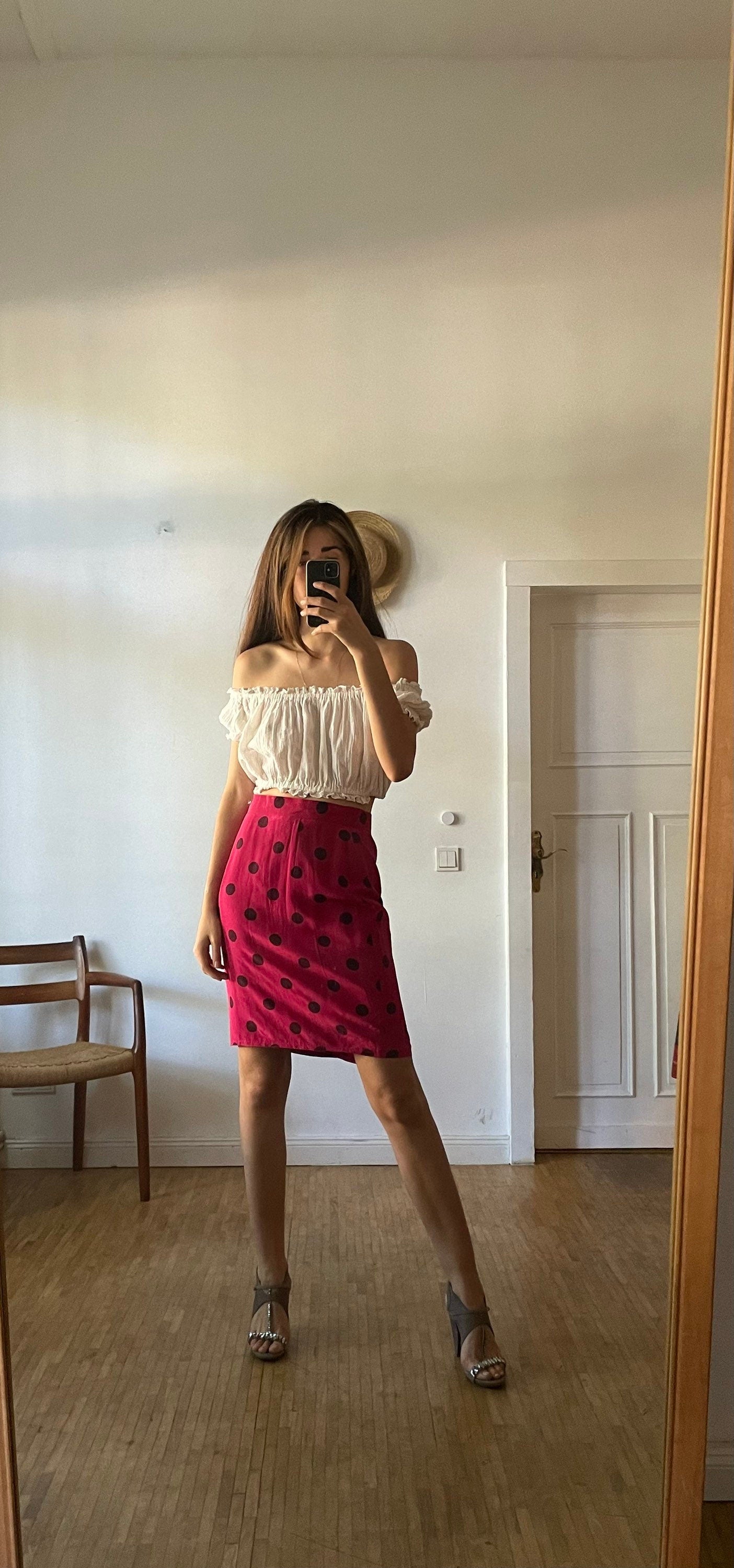 Vintage pink 100 % silk polka dot pencil skirt, Retro feminine high waist midi skirt, Festive midi skirt, 1940s - 1960s summer skirt, M