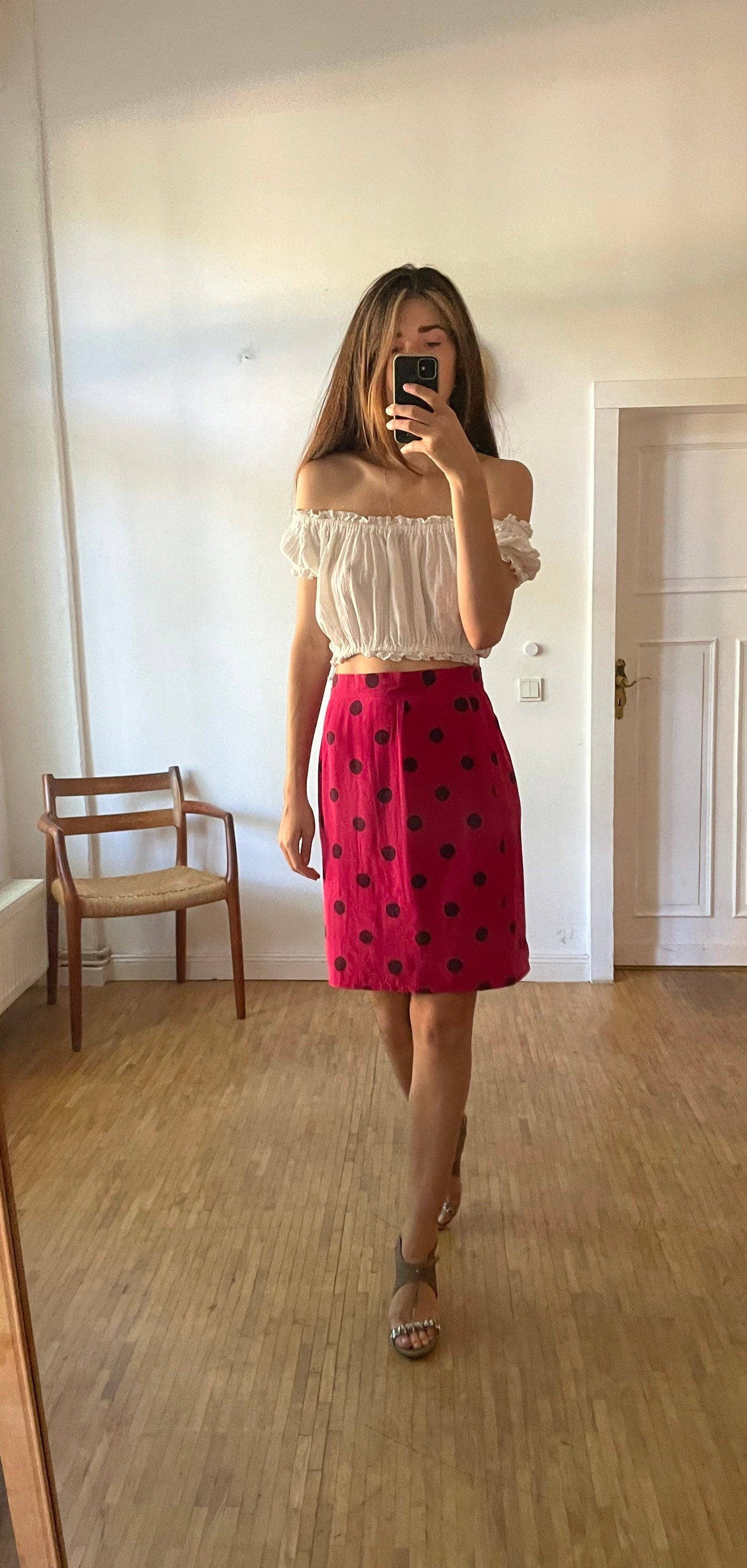 Vintage pink 100 % silk polka dot pencil skirt, Retro feminine high waist midi skirt, Festive midi skirt, 1940s - 1960s summer skirt, M