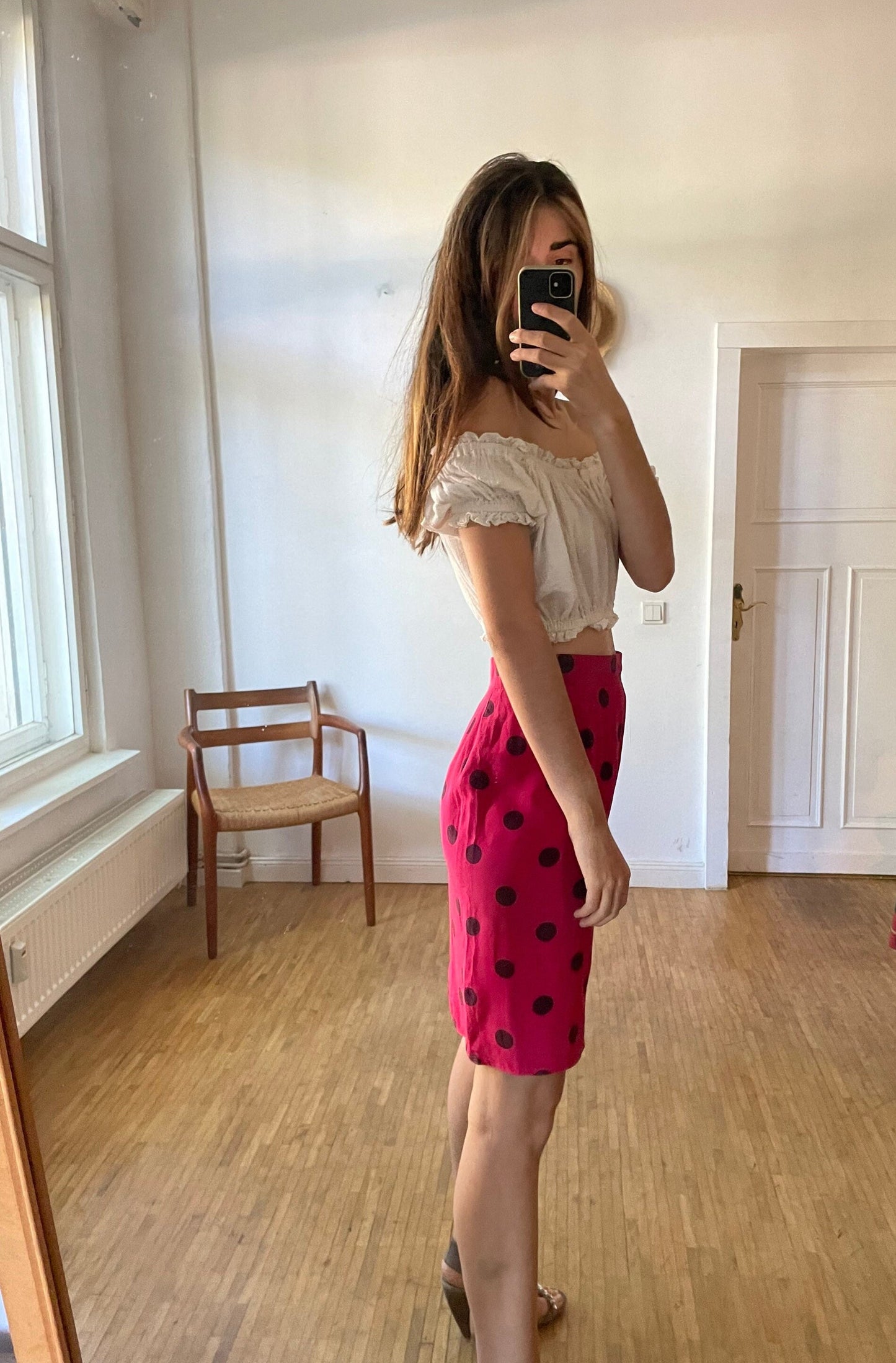 Vintage pink 100 % silk polka dot pencil skirt, Retro feminine high waist midi skirt, Festive midi skirt, 1940s - 1960s summer skirt, M