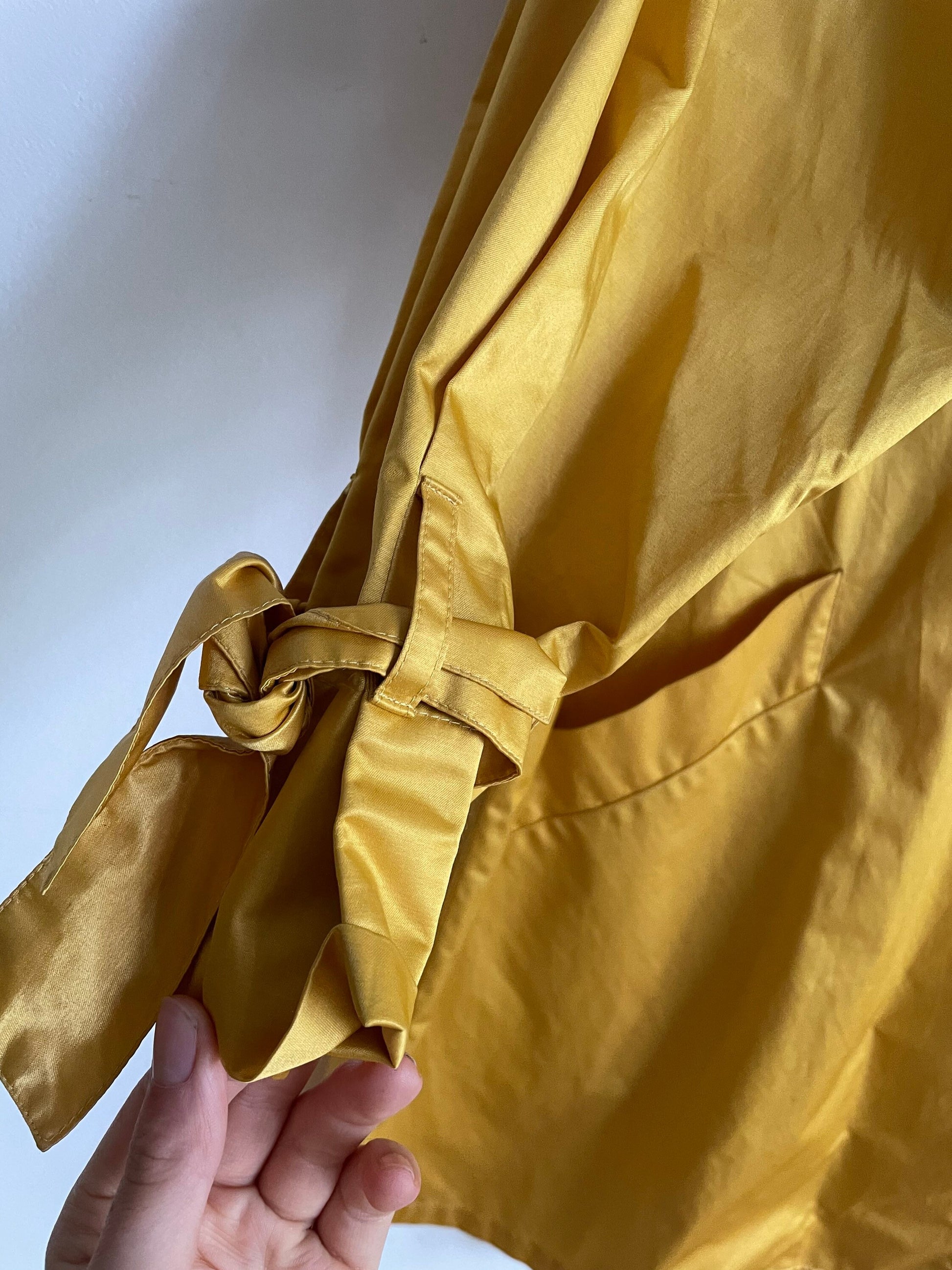 Vintage Mustard Yellow Shiny Trench Coat, Yellow Trench, Unique Vintage Trench with large mother of pearl buttons, Runway jacket, M - L