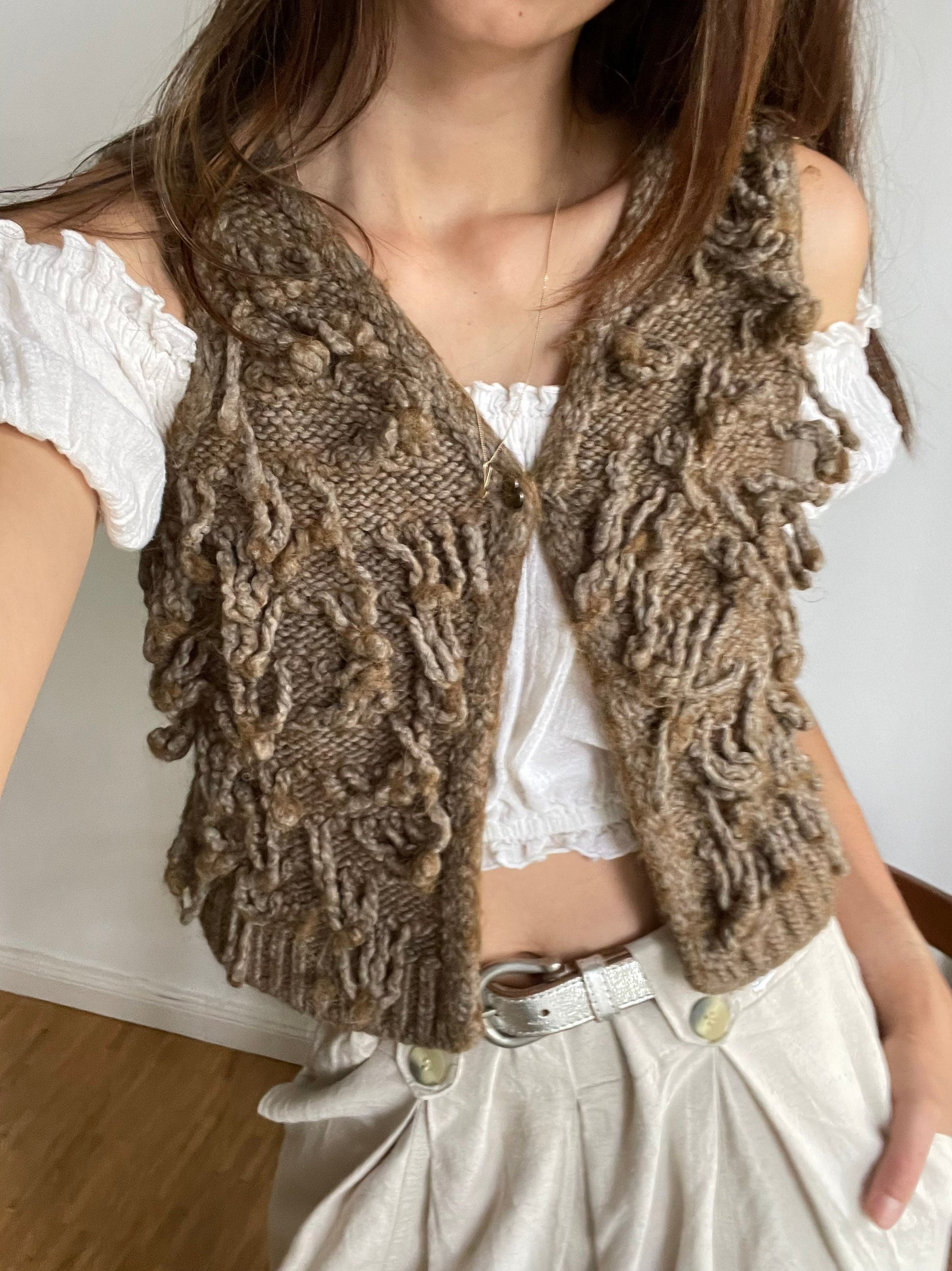 Alpaca wool blend brown waistcoat, Stylish textured woman gilet, Earthy boho beach clothing, bohemian outfit