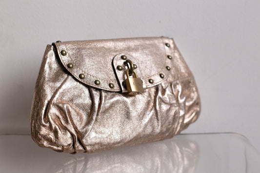 Vintage Luella Designer Studded Clutch Purse | Metallic Gold with Padlock Detail