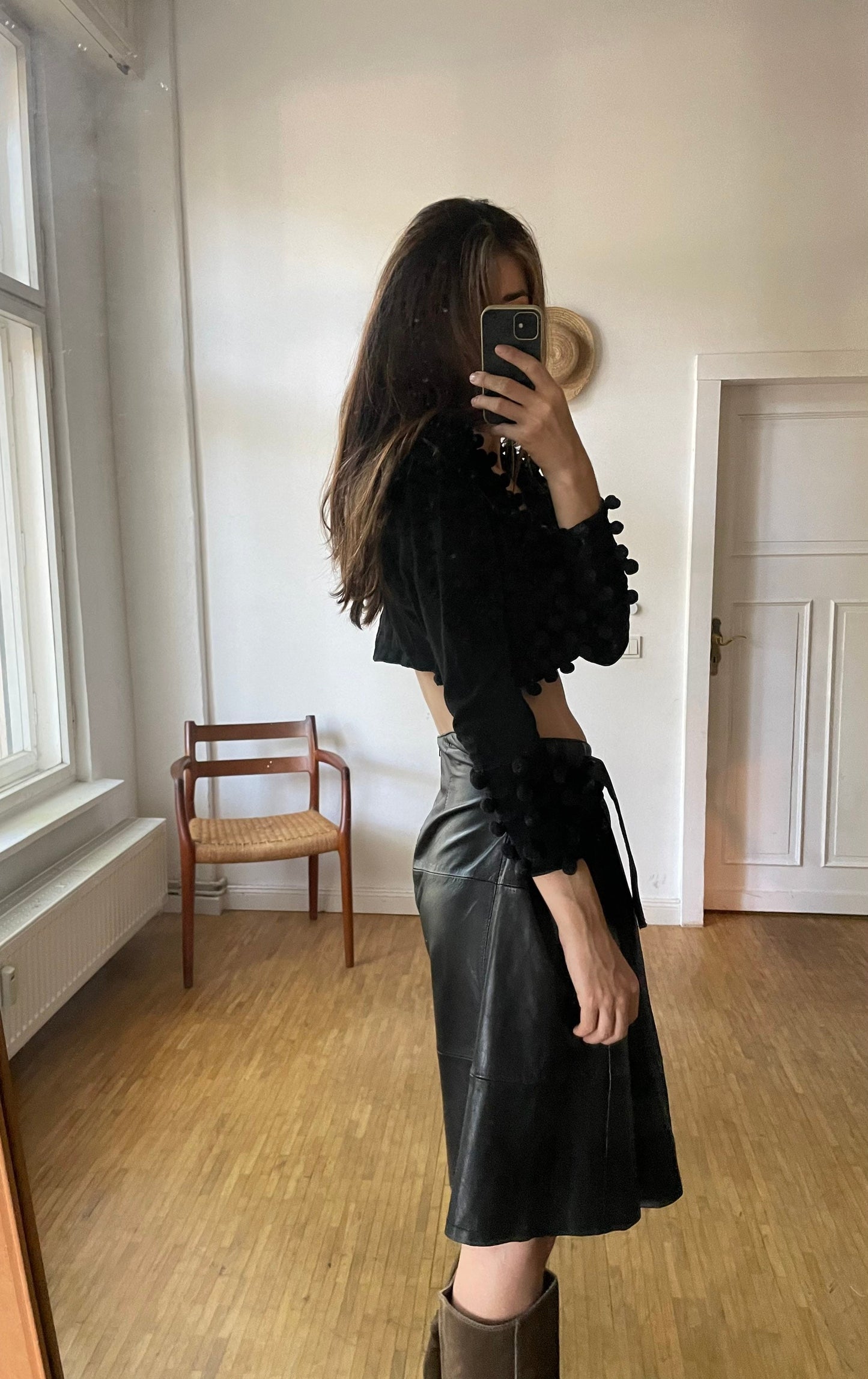 Genuine black leather wrap skirt,