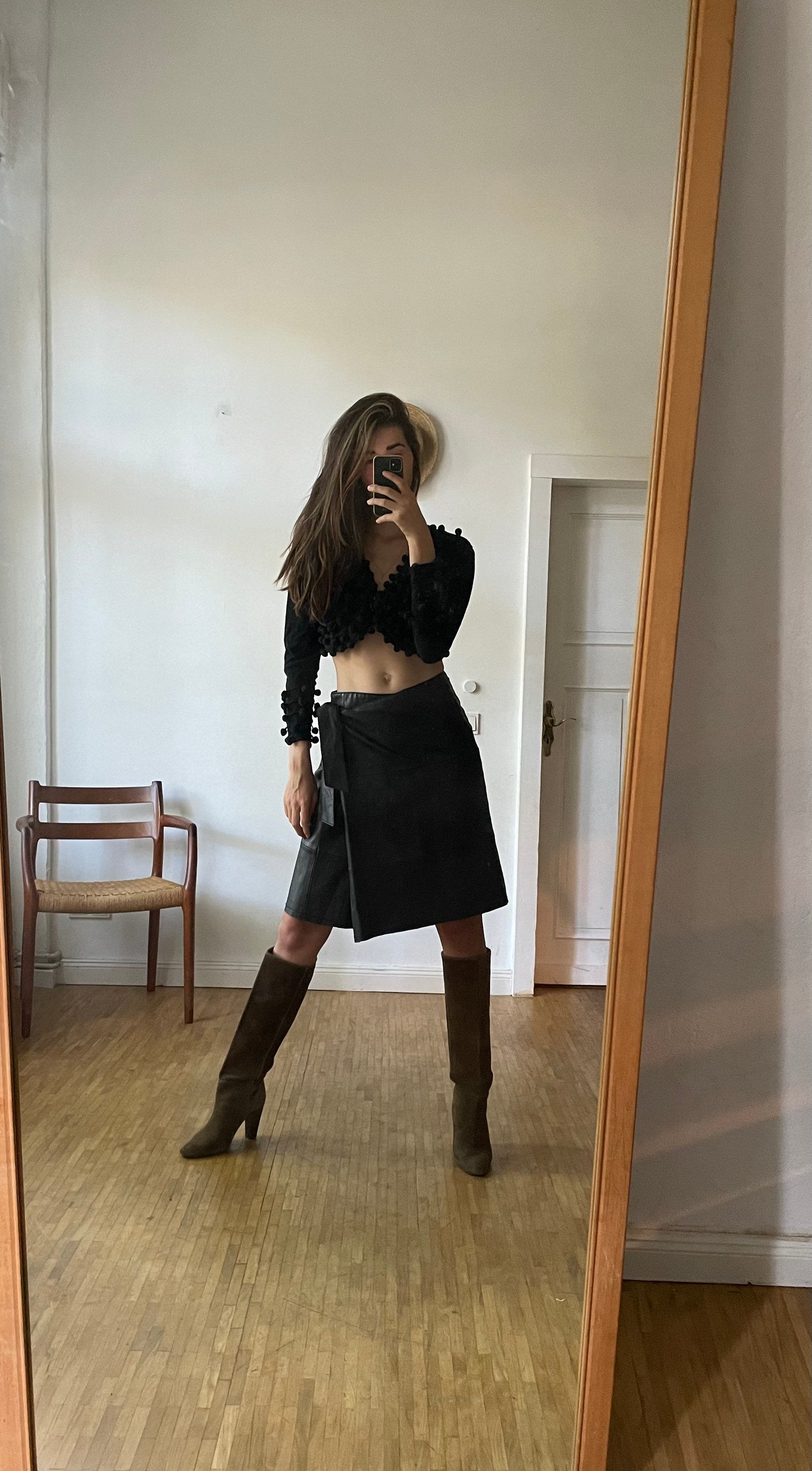 Genuine black leather wrap skirt,